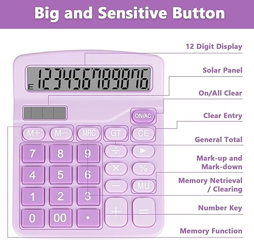 Miniatura 6 de Bonita calculadora de escritorio púrpura con botones grandes, fuente de alimentación doble, energía solar y batería, pantalla de visualización