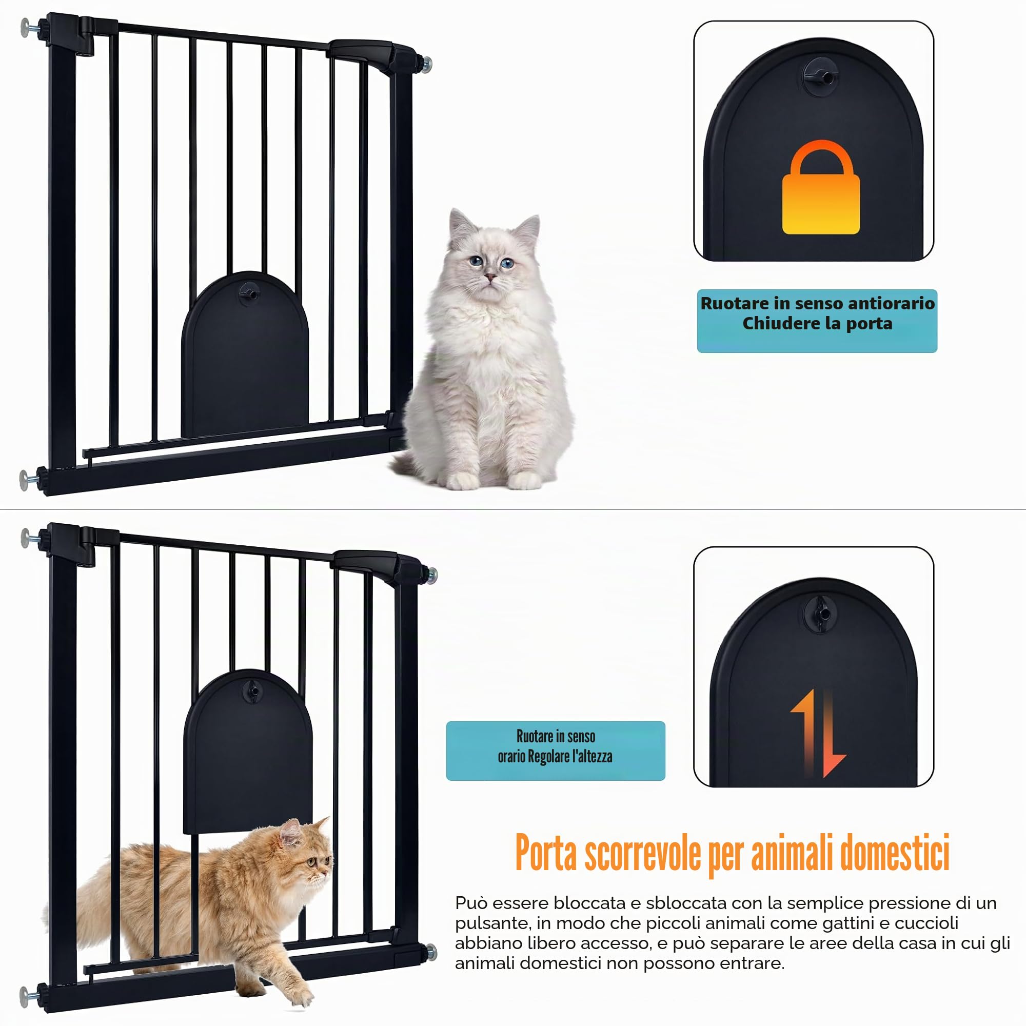Aufun cancelletto per scale, cancelletto di sicurezza per bambini senza foratura, per 105-115 cm chiusura automatica, cancello in metallo, cancelletto di sicurezza per cani con gattaiola (nero)