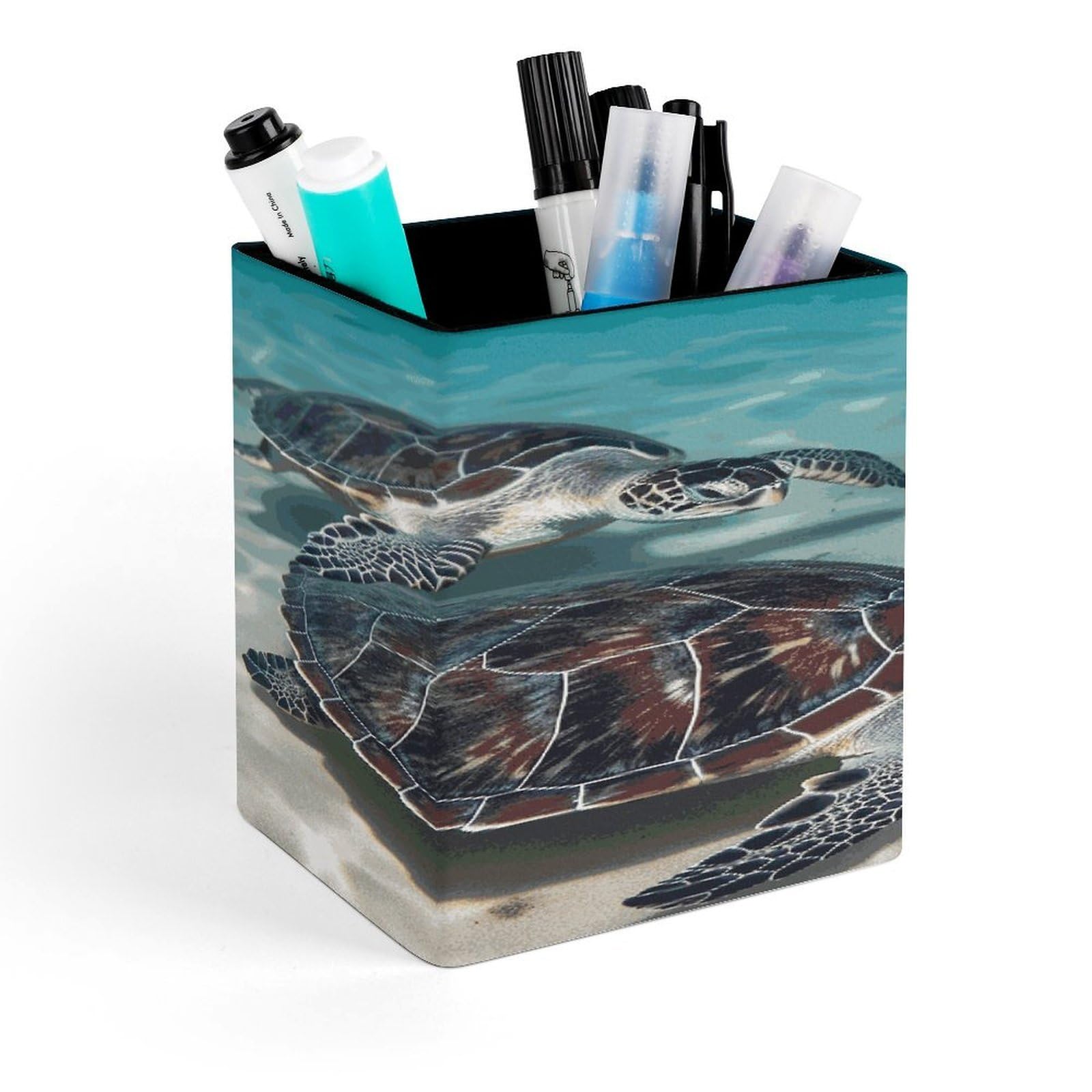 JTREHY Sea Turtles Pen Holder Square Pen Pencil Holder Makeup Brush Holders Cup PU Leather Pencil Cups Desktop Caddy Stationery Organizer Case Office Accessories Container Box