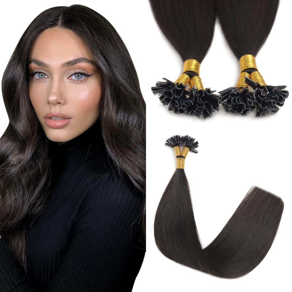 U Tip Hair Extensions Real Human Hair 50 Strands 40g 16inch Natural Black Pre Bonded Nail U Tip Hair Extensions #1B 16inch