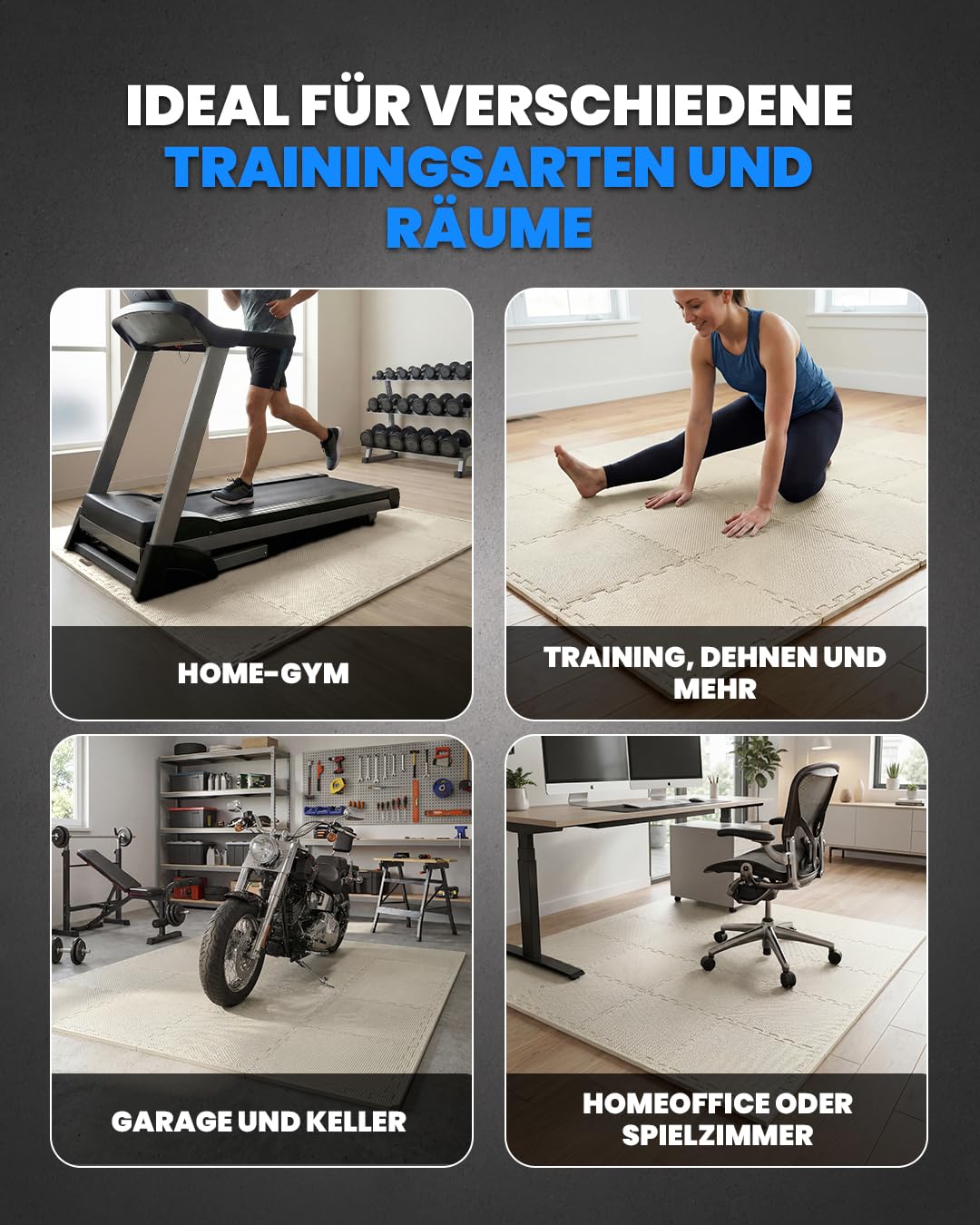 unycos - Bodenschutzmatte Set【12/20/28 Teile】Puzzlematte 30x30 cm, Rutschfeste Schutzmatten per Fitnessraum und Sportgeräte, Gymnastikmatte, Trainingsmatte, Yogamatte, Wasserdicht, Ungiftig