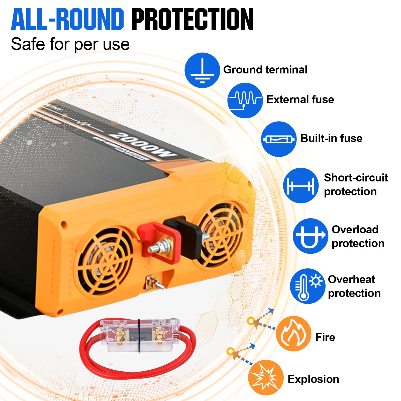 ECO-WORTHY Wechselrichter 12v auf 230v Reiner Sinus, Wechselrichter 2000w eingebautem Dual 18W USB-Anschluss, 2 * AC-Steckdosen, 1 * Hardwire-Klemmen und 1 * 100A Sicherung