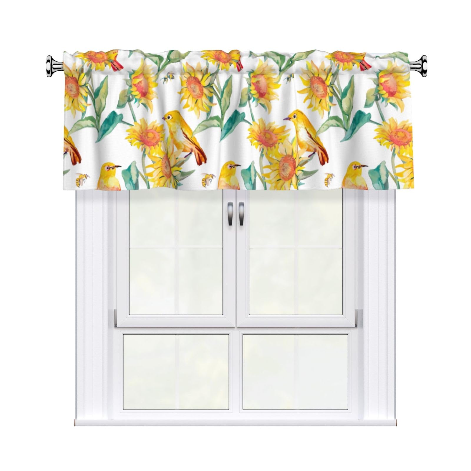 HJFCZH sunflower and bird Prints Curtain Valance 54x18in - Peach Skin Kitchen Window Layer, Filtered Light & Quick-Install Rod Pocket Cover