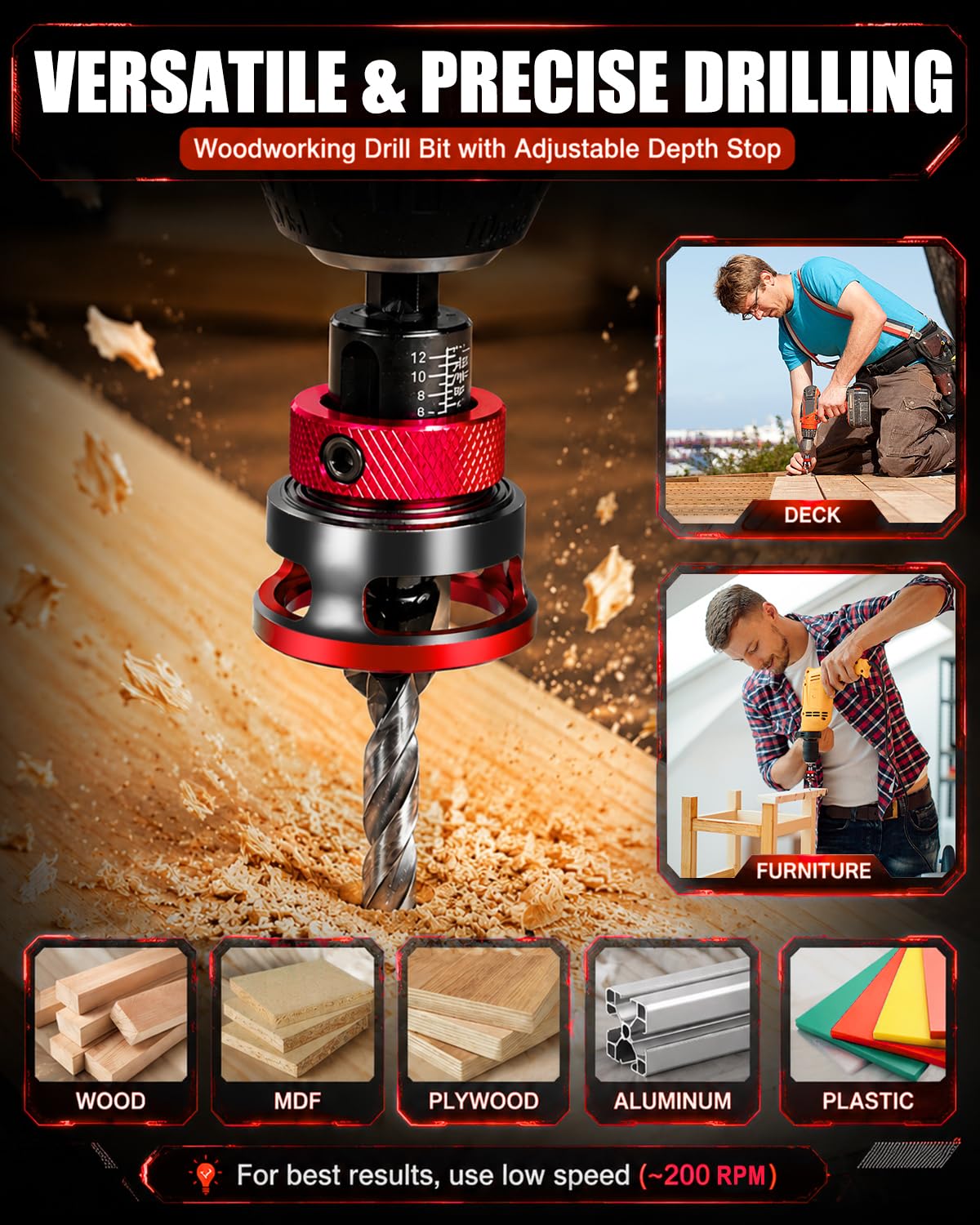 Countersink Drill Bit Set - 9 Piece with Depth Stop -8 Countersink Drill Bit Set - 9 Piece with Depth Stop -8