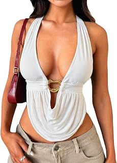 Women's Cute Summer Y2K Halter Top Sexy V Neck Tie Open Back Sleeveless Backless Going Out Tops for Women Club Party