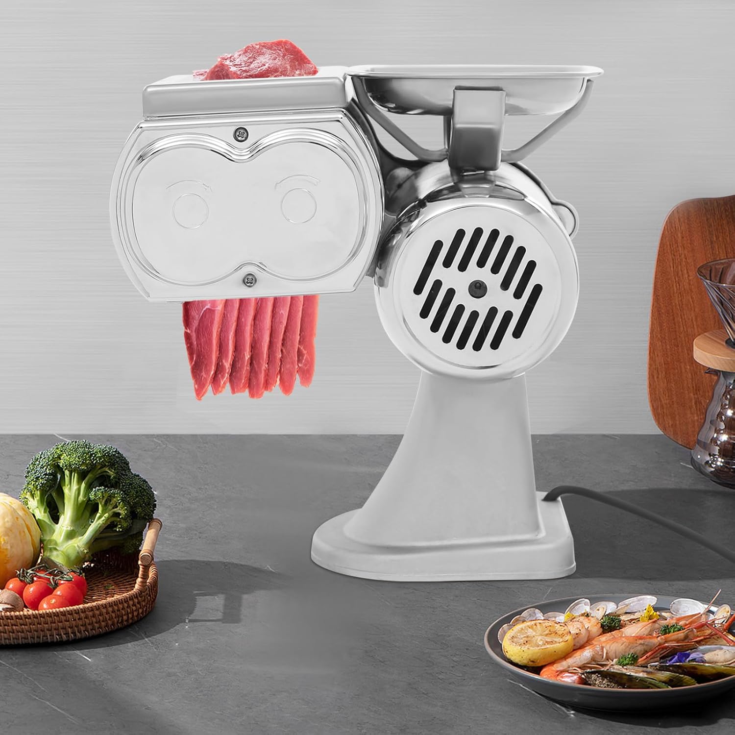 1.7mm/0.07in Electric Meat Cutter 600W Automatic Kitchen Meat Cutting Machine Raw & Deli Food Slicer for Boneless Pork Sliced Fish Softer Vegetables etc., 3.35x1.97in Feeding, Storage & Catching Tray