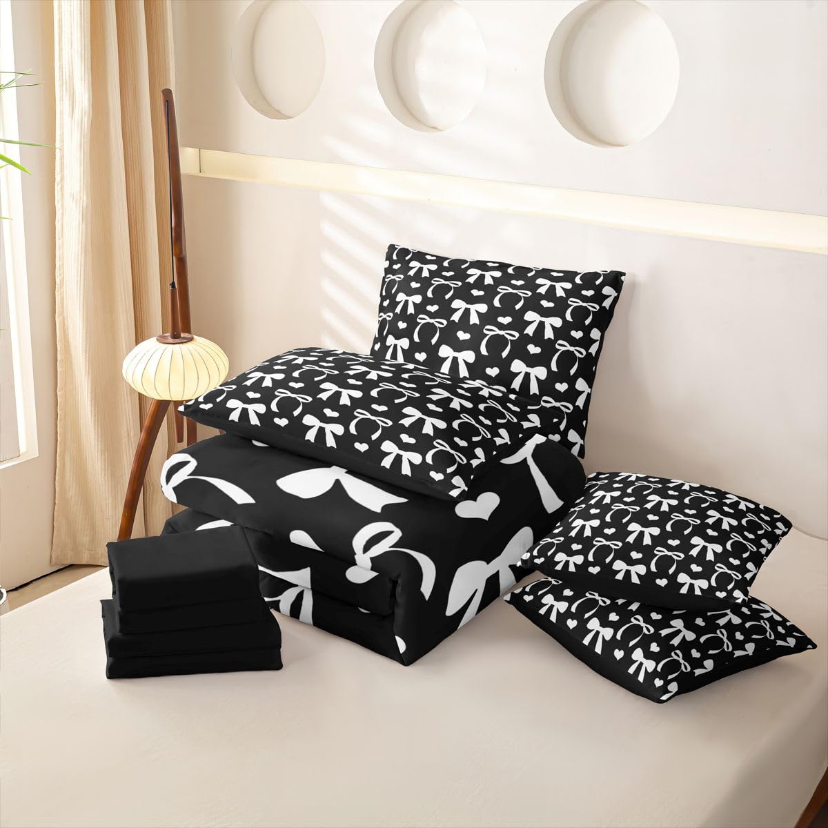 Loussiesd Set copripiumino singolo 7 pezzi carino fiocco cuori amore biancheria da letto per bambini ragazzi ragazze letto in una borsa con copripiumino, lenzuola, federe, federe