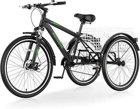 Slsy Adult Mountain Tricycle, 7 Speed Three Wheel Bike, 24/26 Inch Adults Trikes for Seniors with Shopping Basket, Exercise Mens Womens Tricycles