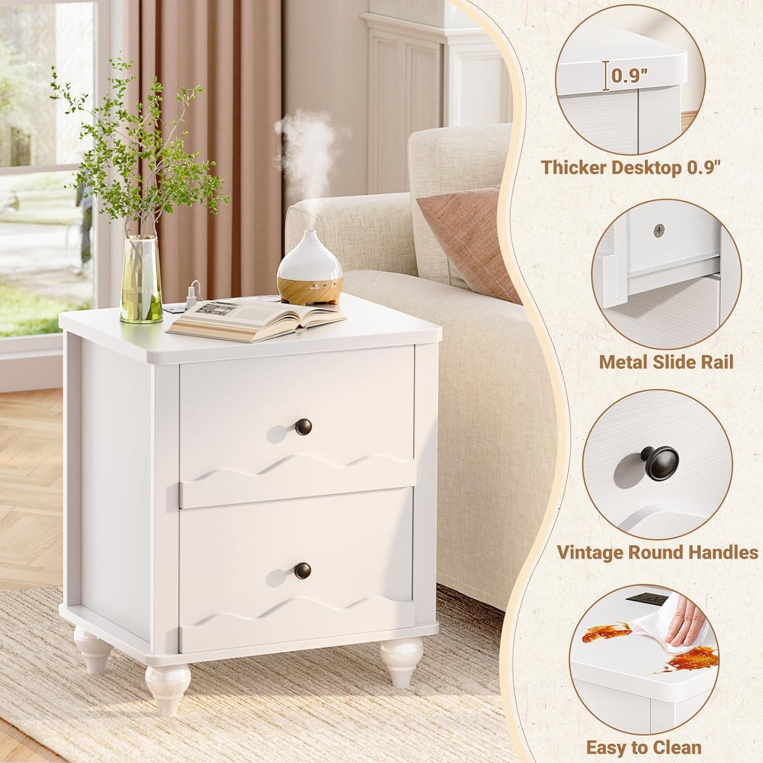 Cyclysio White Nightstand with Charging Station, Scalloped Bedside Table with 2 Smooth Drawers, Modern End Table with Solid Wood Legs for Bedroom and Small Spaces