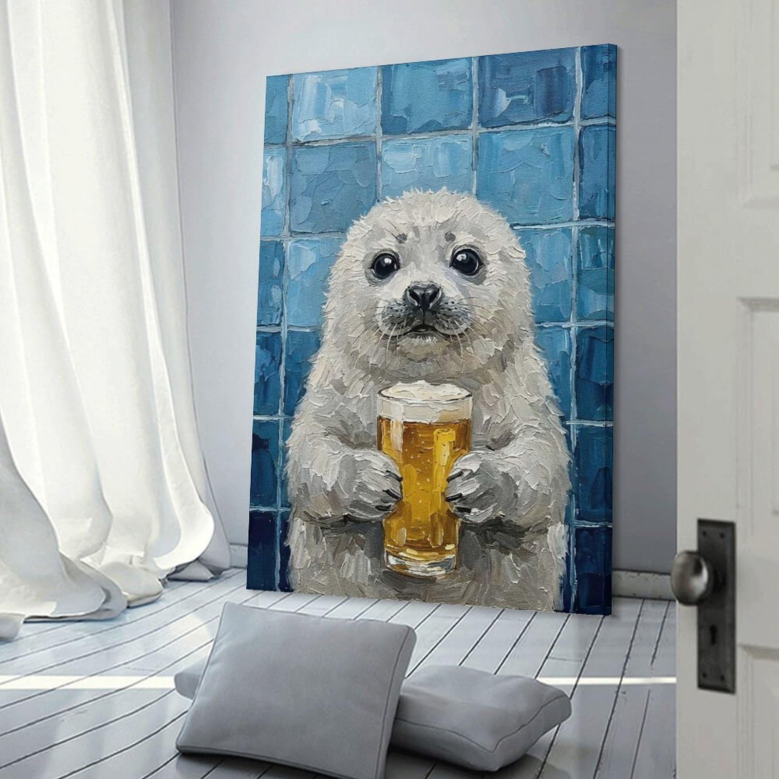 Junmoney Seal with Beer Painting Canvas Wall Decor 24x36inch(60x90cm), for Study, Office Or Focused Interiors, Wall Art That Adds Style to Work Areas