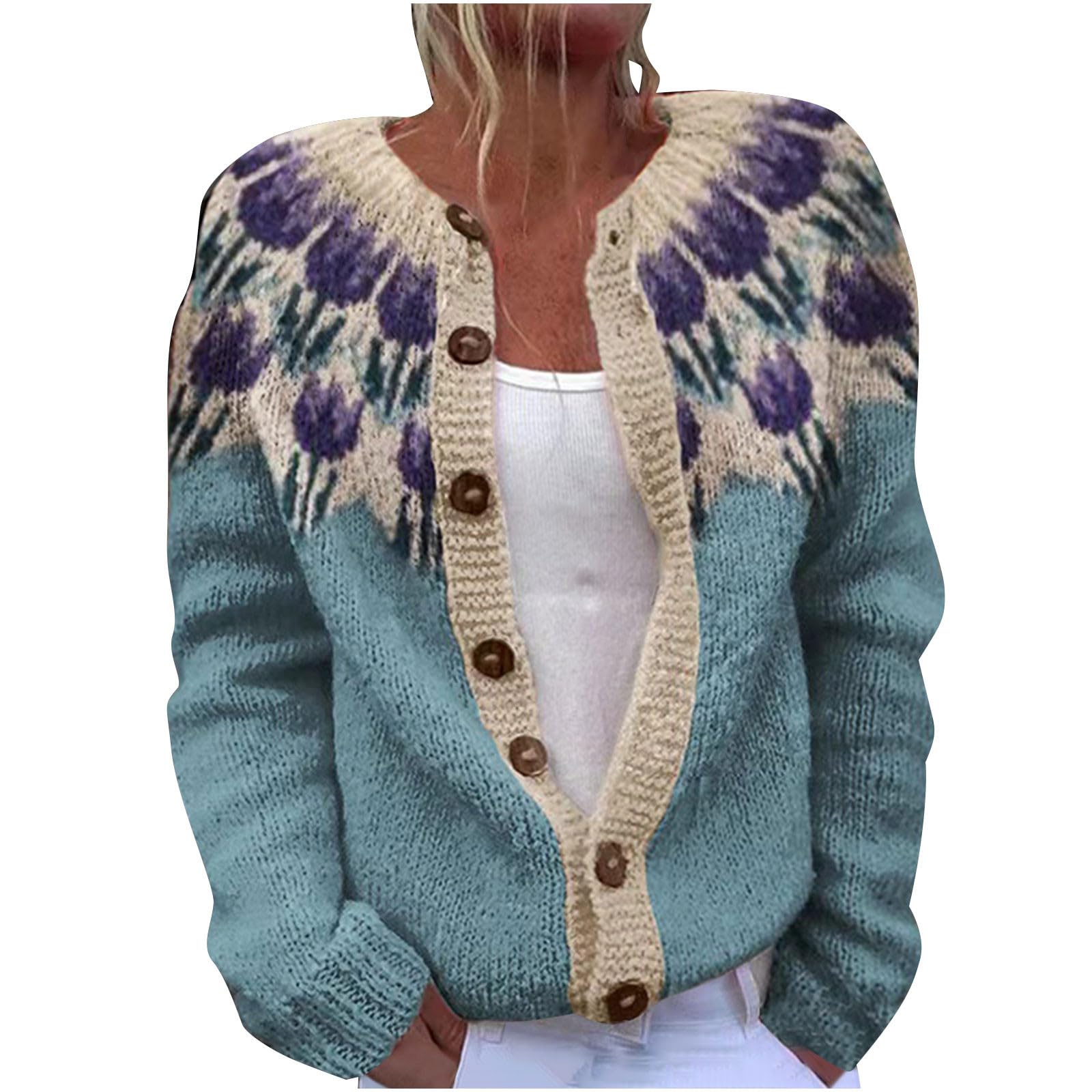 Womens Fair Isle Knit Cardigan Long Sleeve Crewneck Button Up Coat Fall Winter Trendy Cute Vintage Outfits