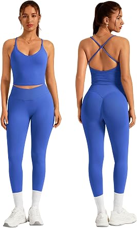 ABOCIW Womens Workout Sets 2 Piece Seamless Strappy Tank Top Crossover Waist Leggings Gym Sets Active Wear