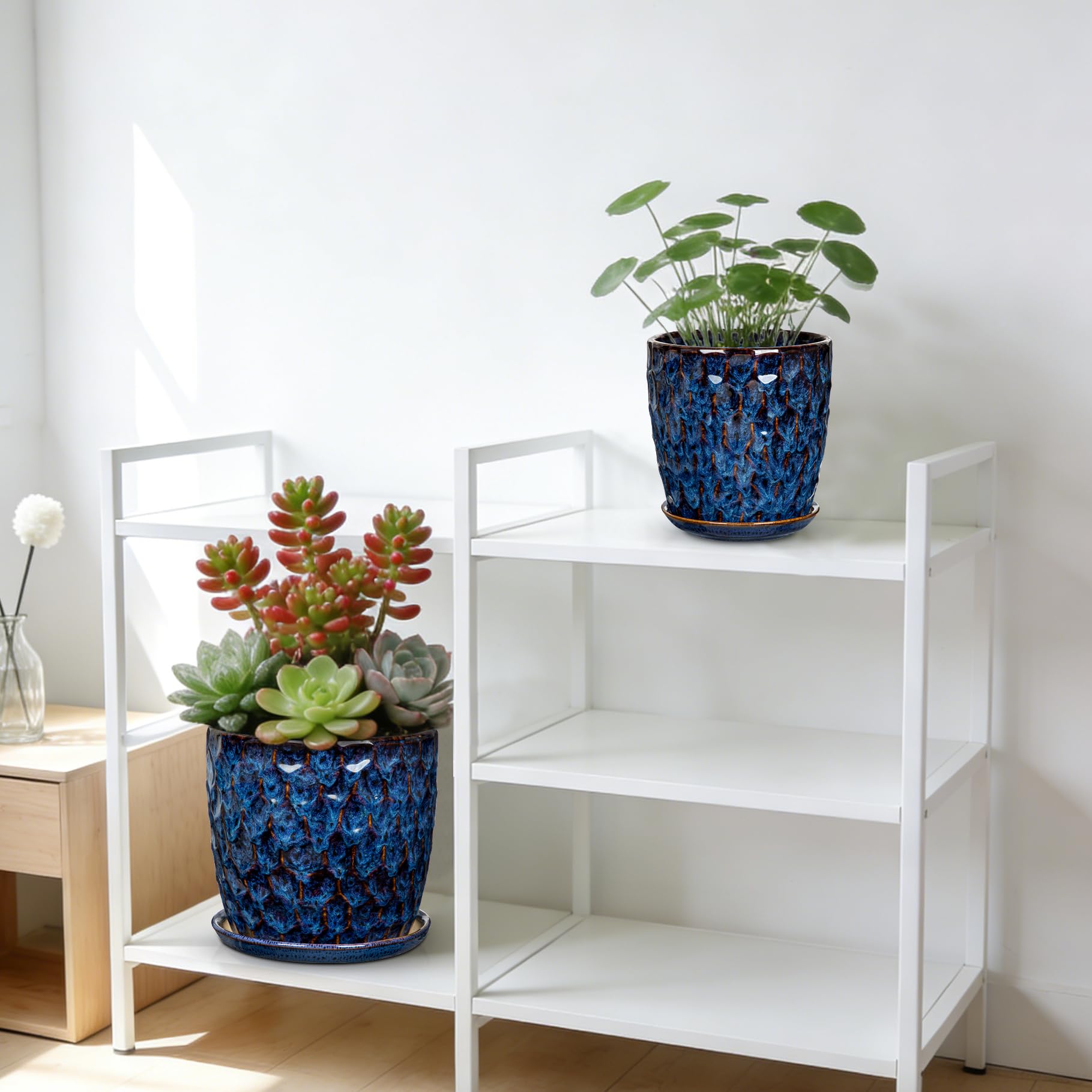 15+19 cm Blumentopf Blau Übertopf mit Untersetzer Abflussloch Pflanzgefäß | Arborus 2er Set Keramiktopf Zimmerpflanze Topf Selbstbewässernder Modern Matt Blumentöpfe für Gemüse Blumen Pflanzen Deko