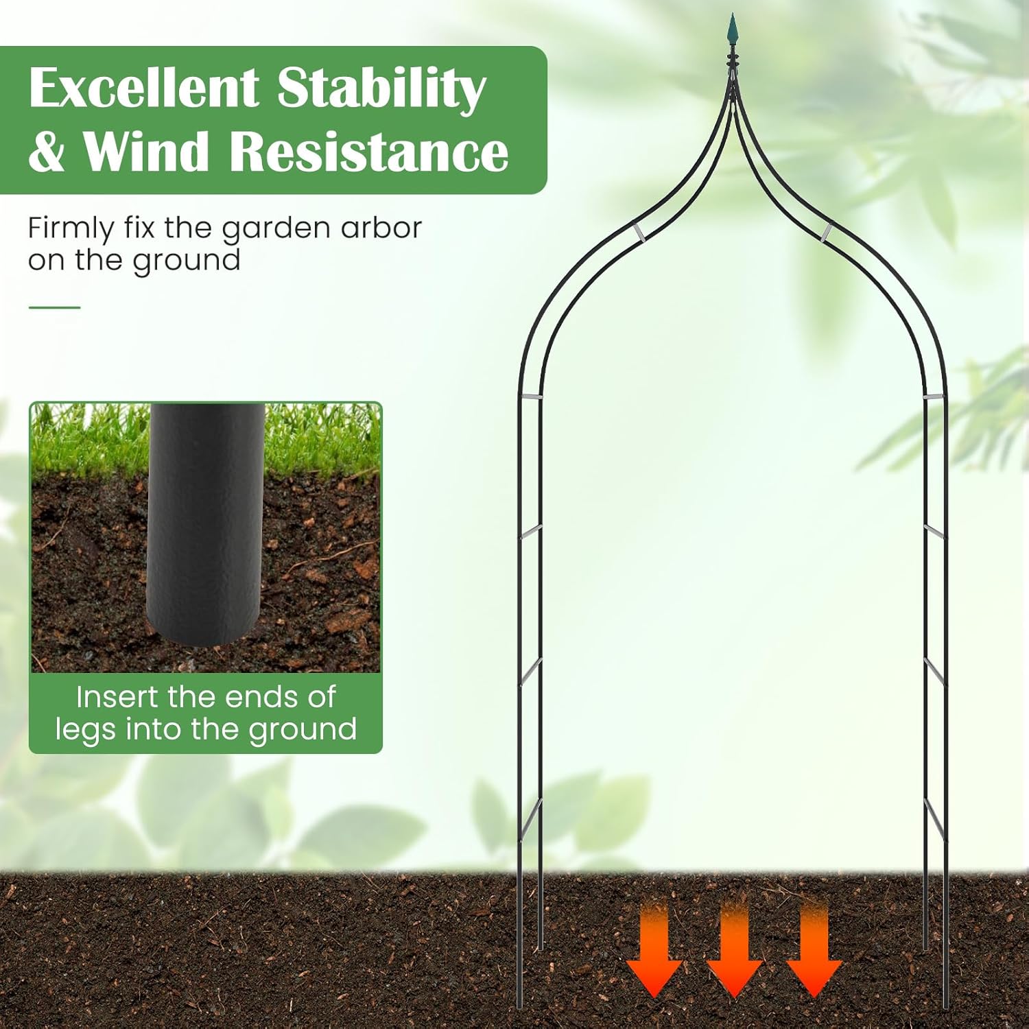 Diagram showing how to insert arch legs into the ground for stability