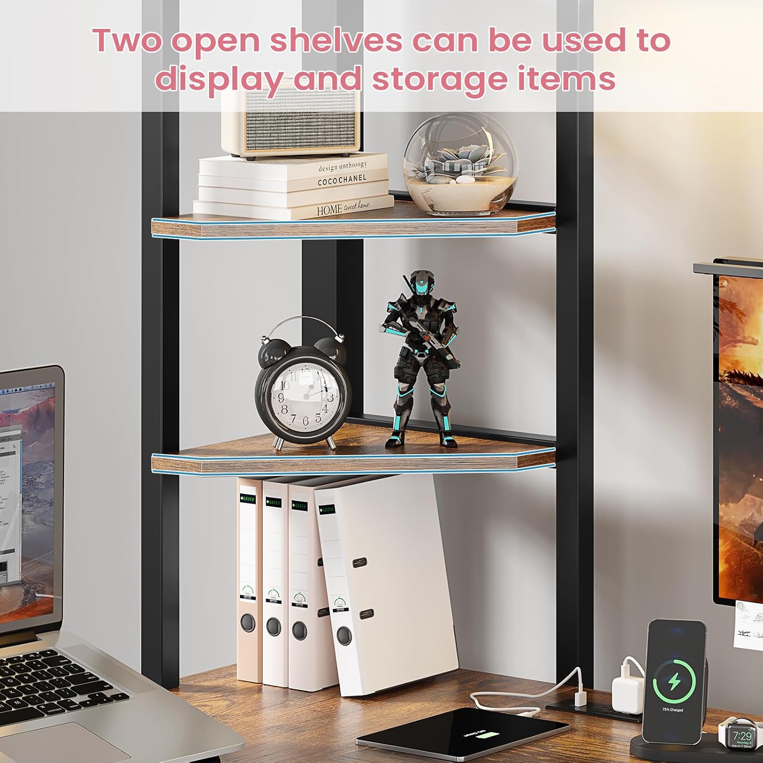 Close-up of two open storage shelves on the Hasuit loft bed desk