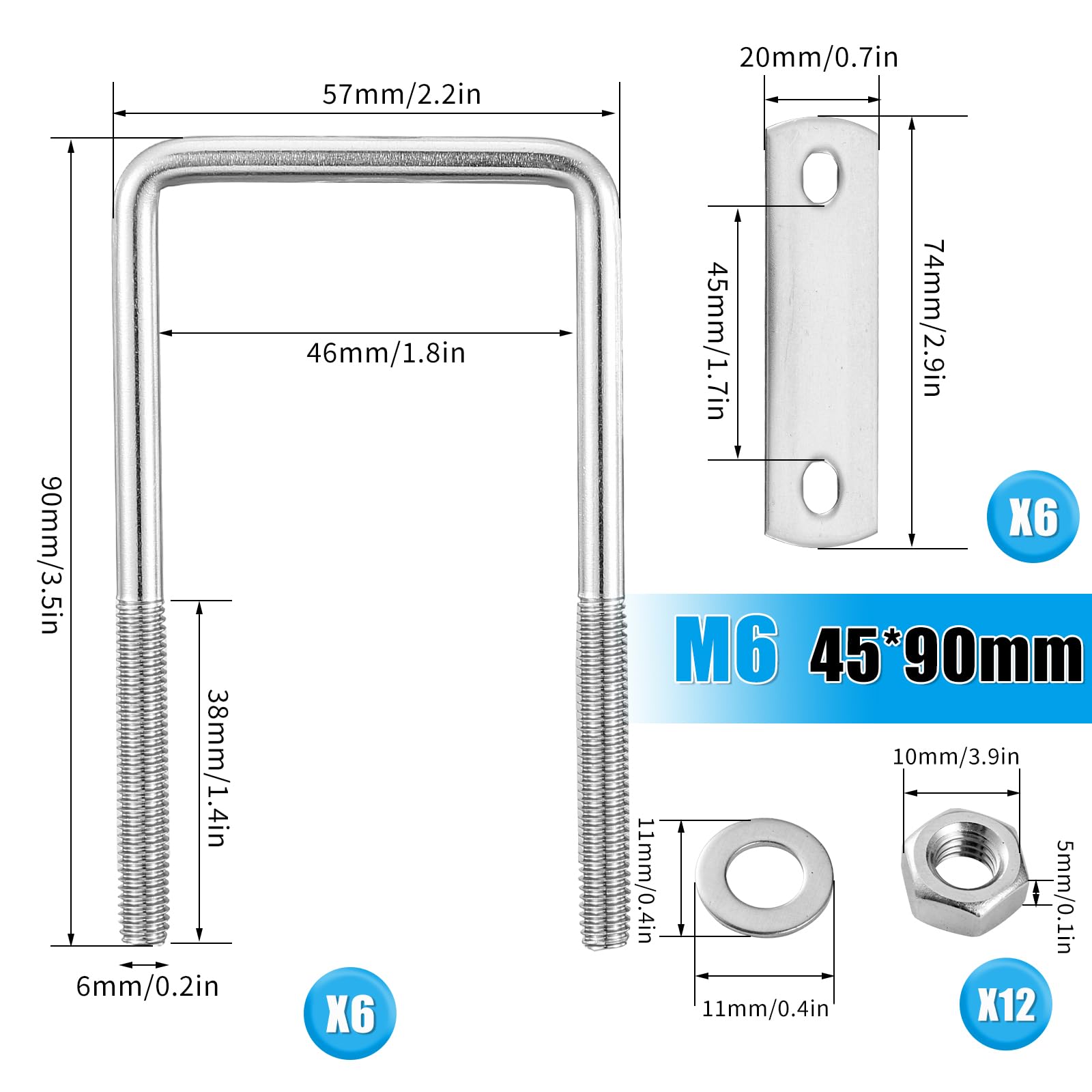 Set da 6 Bulloni a U Quadrati M6 in Acciaio Inossidabile 304 con Dadi e Rondelle U Quadrato M6, Bullone a U in Acciaio Inox, per Tubo Dell'Acqua Fisso, Tubo, Barche (90mmX45mm)