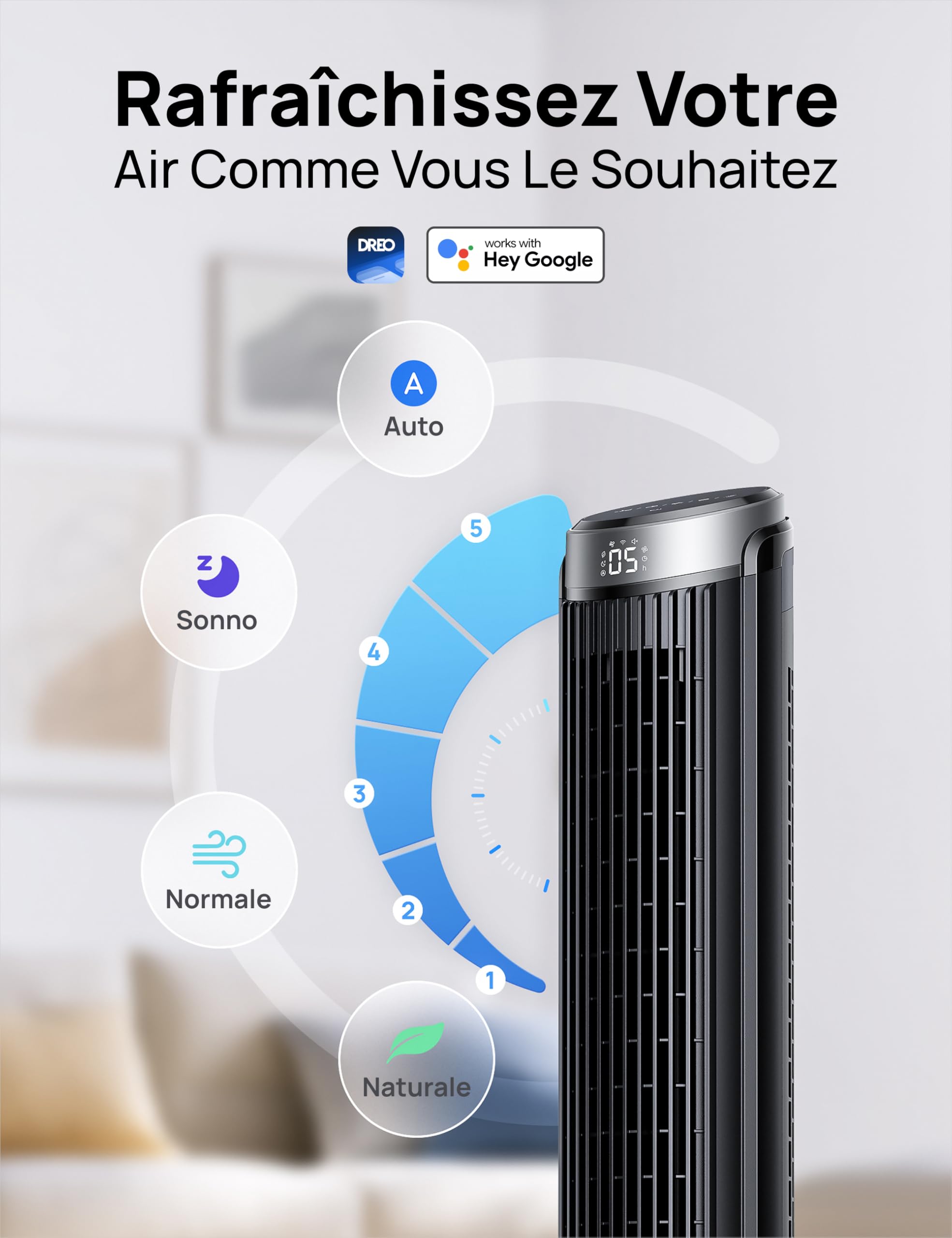 DREO Smart Ventilateur Colonne Silencieux, Oscillation à 90°, Ventilateur sur Pied pour Chambre, 7.9 m/s, 5 Vitesses, 4 Modes, Tactile/Télécommande/App & Commande Vocale, Alexa, Minuterie 12H, Argenté