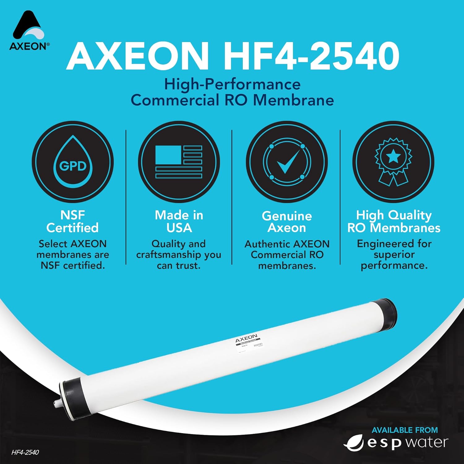 Axeon HF4-2540 RO Membrane – 850 GPD, 100 PSI, 2.5 x 40 Inch Reverse Osmosis Element, Genuine Axeon OEM Membrane for Commercial Applications, Extra Low Energy, High Flow, Model 200388