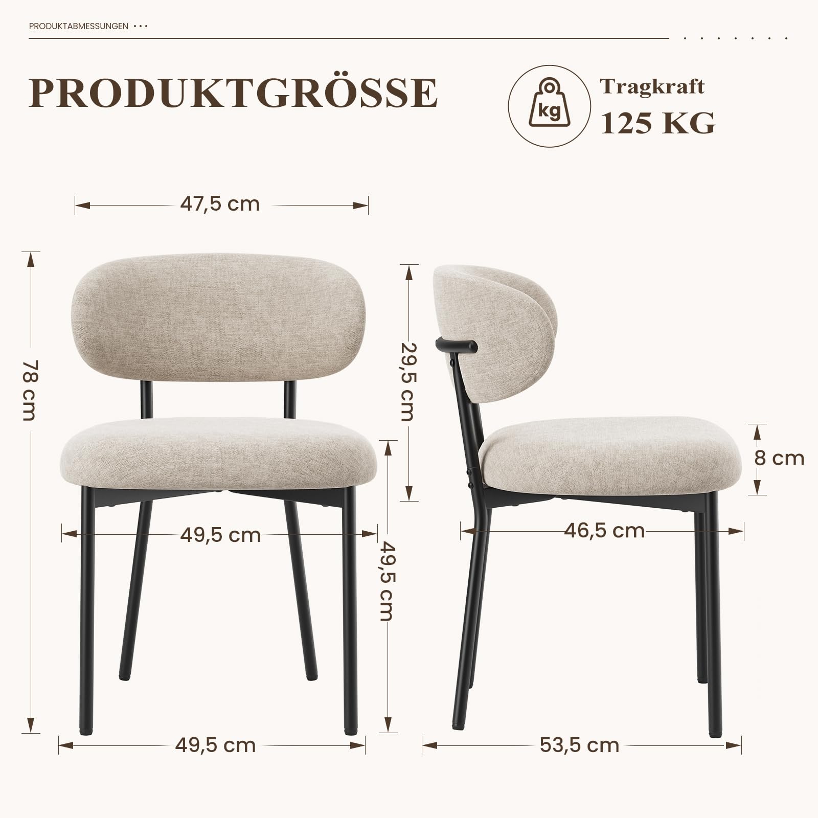 MALOL Gepolsterte Esszimmerstühle 4er Set – Moderner Stoff, Gebogene Rückenlehne, gepolsterter Sitz, stabile Metallbeine – Design-Stühle für Küche, Esszimmer, Wohnzimmer – Kamel