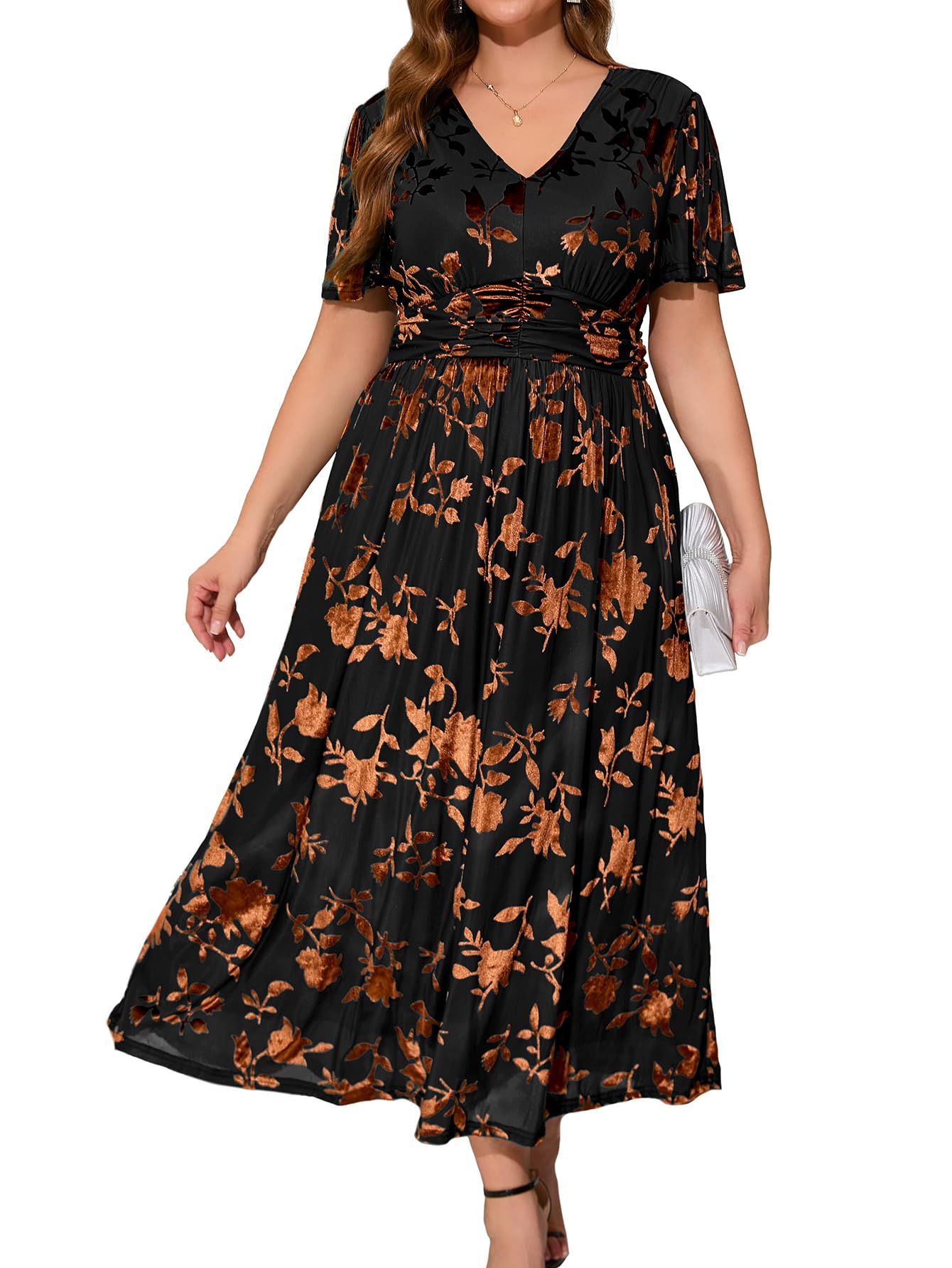 Simplee Women’s V Neck Velvet Maxi Dress Short Sleeve Empire Waist Long Formal Dress for Wedding Guest