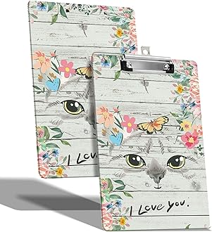 A4 Size Clipboard with Hanging Hook and Low Profile Clip, Plastic Nurse Clipboard Writing Drawing Board with Double-Sided Cat Flowers Print for Woman Kids Office School Use