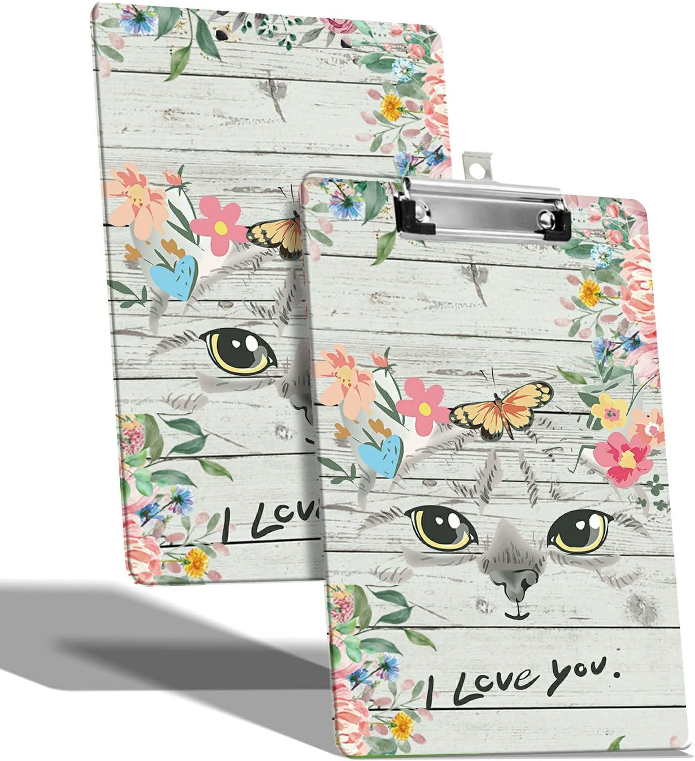 A4 Size Clipboard with Hanging Hook and Low Profile Clip, Plastic Nurse Clipboard Writing Drawing Board with Double-Sided Cat Flowers Print for Woman Kids Office School Use