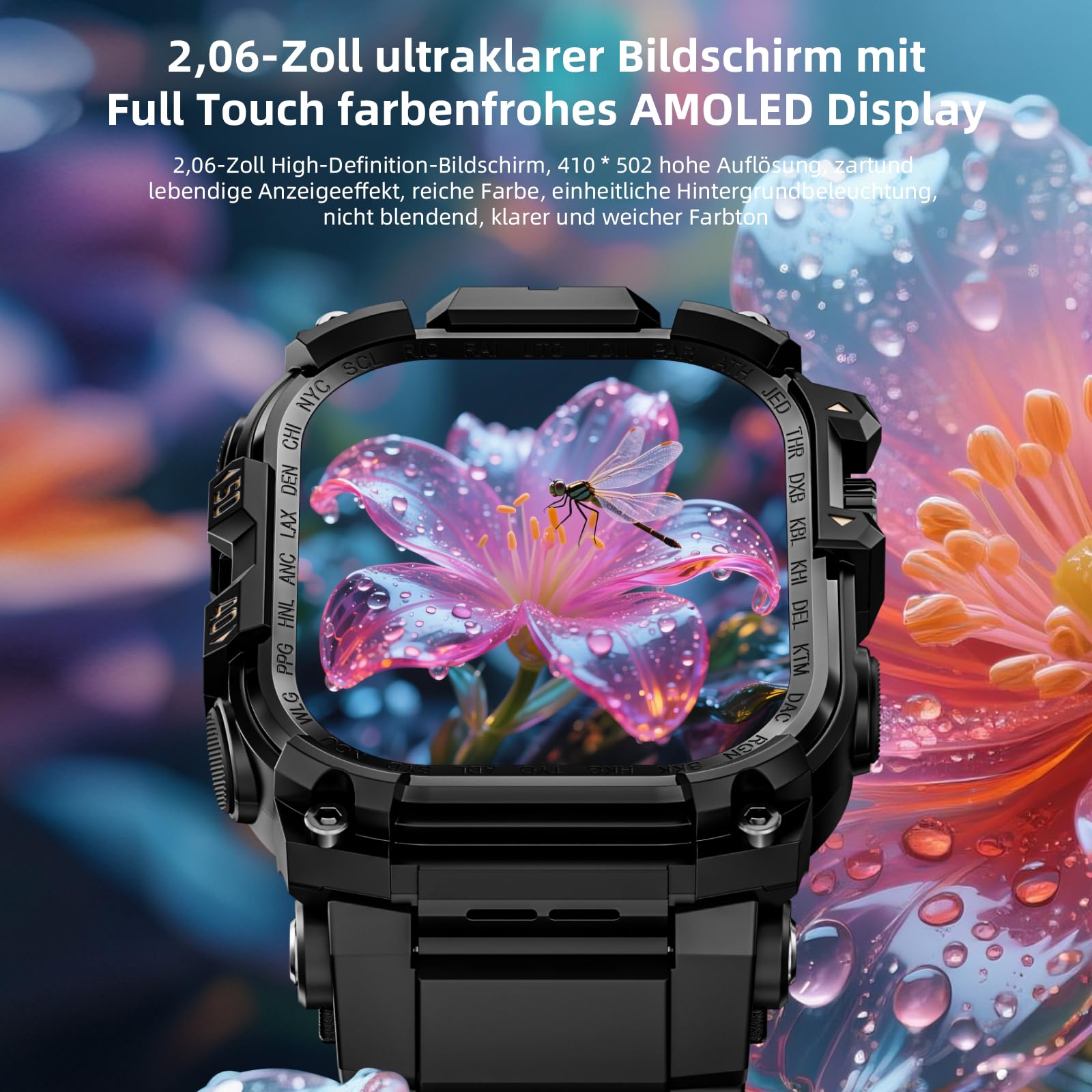LOKMAT 2,06''AMOLED 4G Smartwatch mit großem Bildschirm, 3 GB + 32 GB, robuste Militär-Sport-Android-Smartwatch für Herren mit drehbarer Kamera, WiFi, GPS, NFC, für Männer und Frauen (Schwarz)