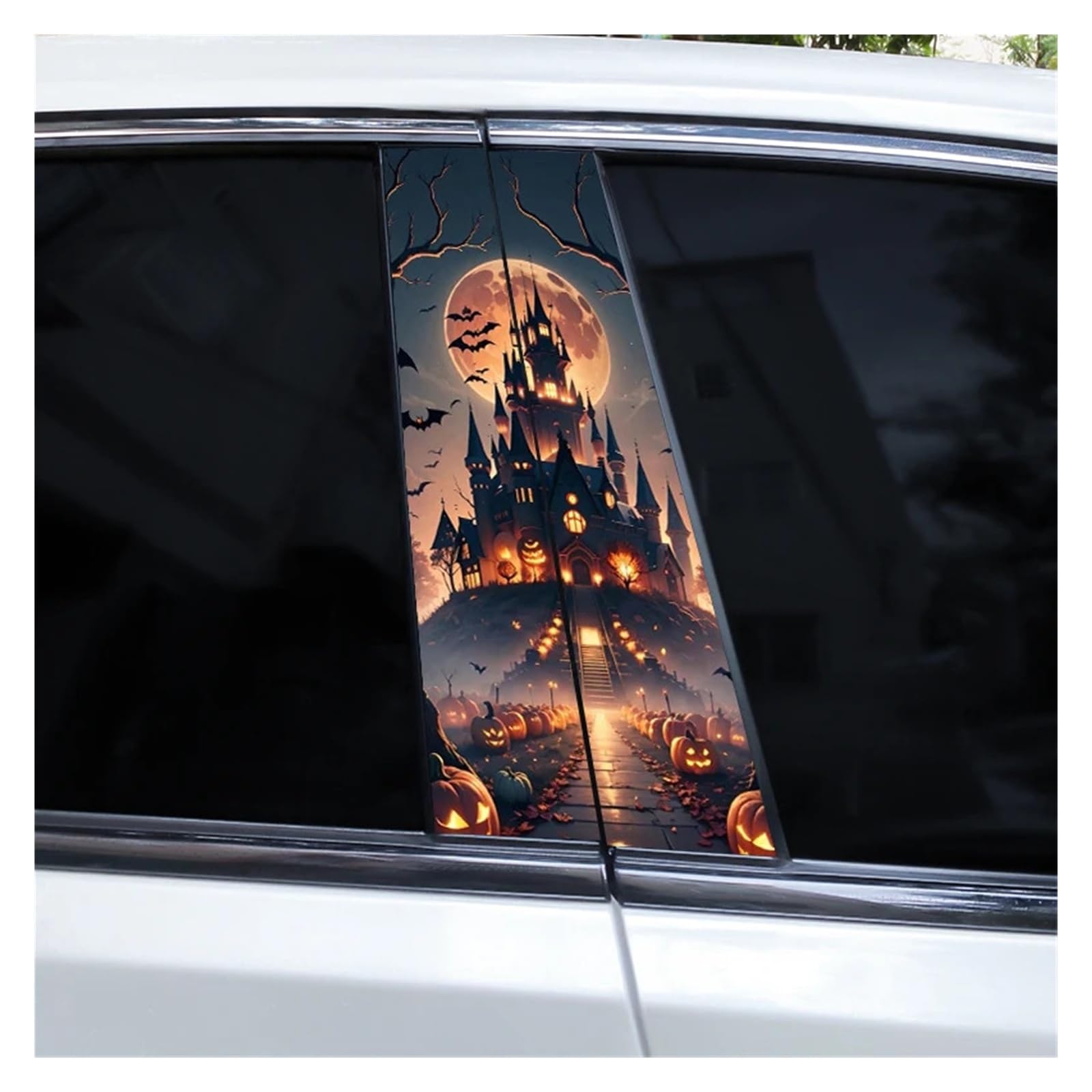 Car Side Decals 2pcs Halloween Horror Castle Pumpkin Car Stickers Door B-Pillar Sunscreen Center Column Decal(Style T)