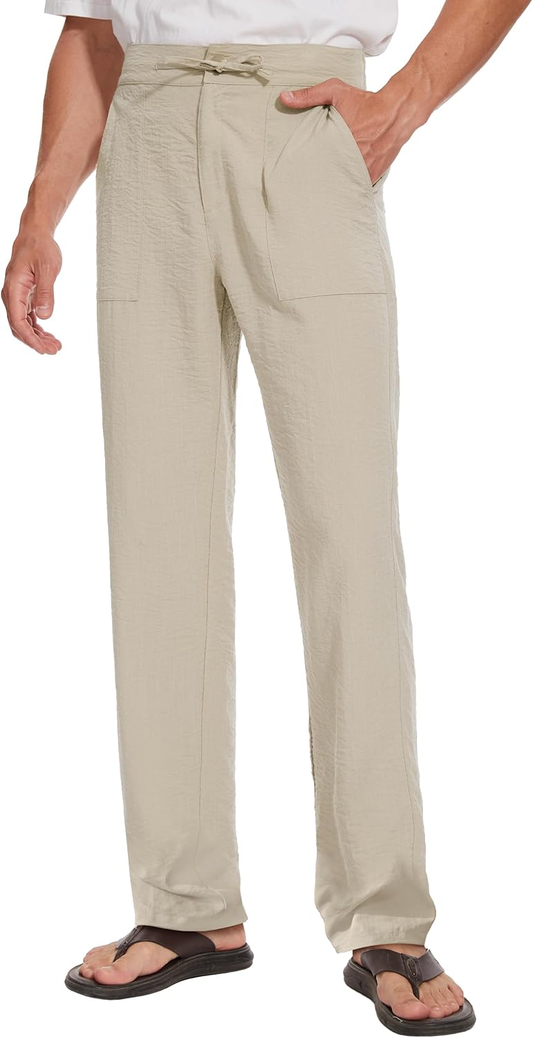 Tall Mens Casual Linen Pants 31/33/35/37 Inseam Beach Slacks Summer Long Drawstring Straight Leg Relaxed Fit