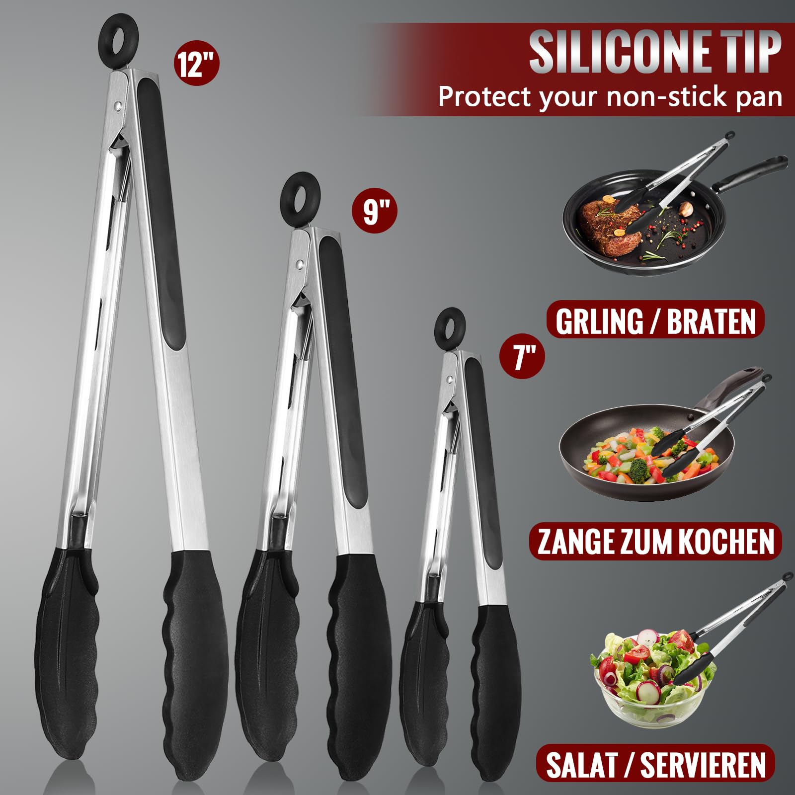 Set 3 Pinze Da Cucina In Acciaio Inox Con Punte In Silicone - 18, 23 E 30,5 Cm, Resistenti Al Calore - Foto 10