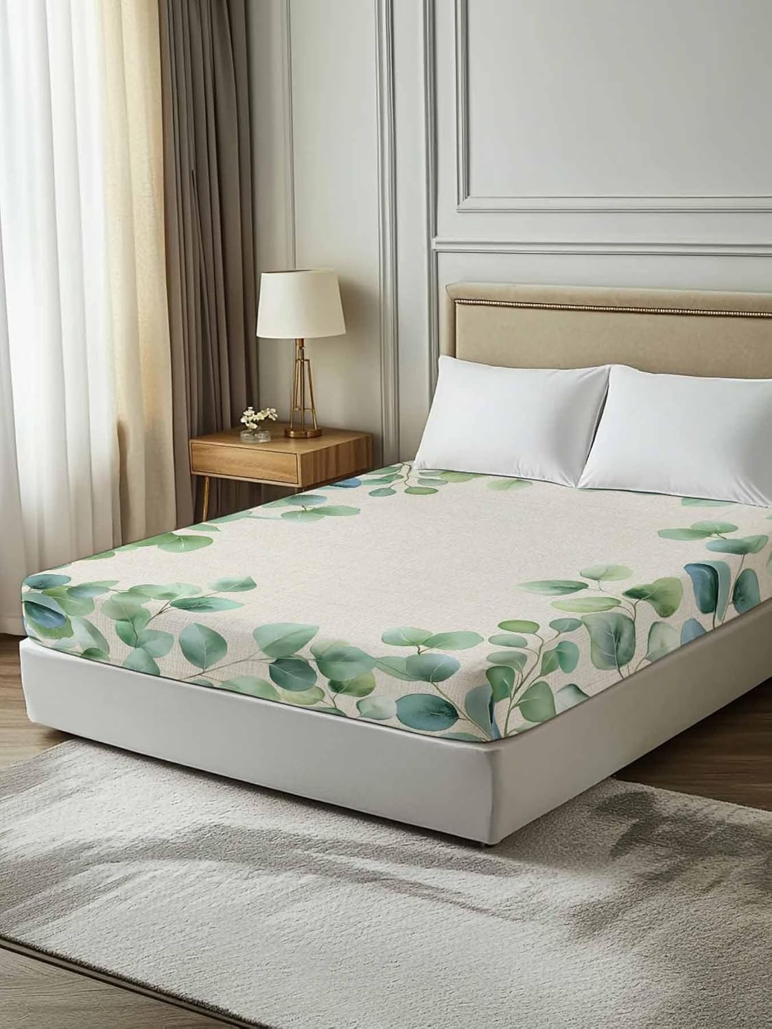 Top Sheet Twin XL Bedding Flat Sheet Only, Vintage Eucalyptus Leaves on Linen Microfiber Bed Sheets Soft Breathable Bedding Flat Sheets, Country Green Leaf Hotel Luxury Top Sheets