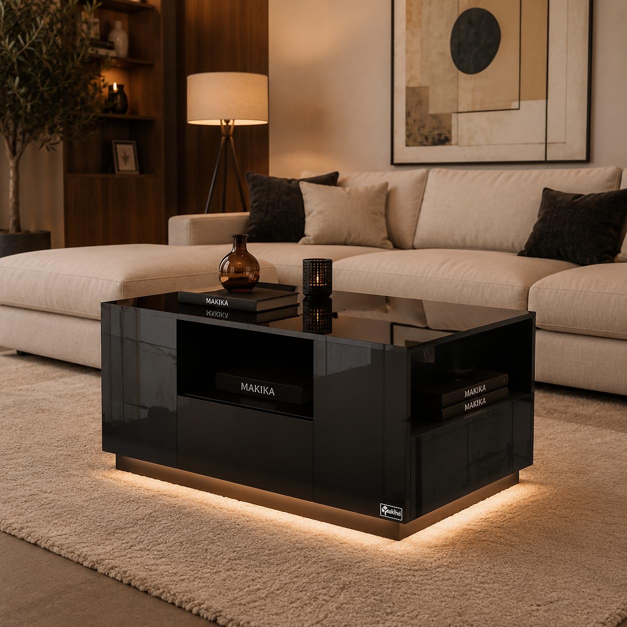 LED Couchtisch Wohnzimmertisch Sofatisch Kaffeetisch Beistelltisch - mit Ablage und Schubladen - Fernsehtisch aus Holz Wohnzimmer Möbel Tisch Kommode Fernseher Design - Schwarz Hochglanz