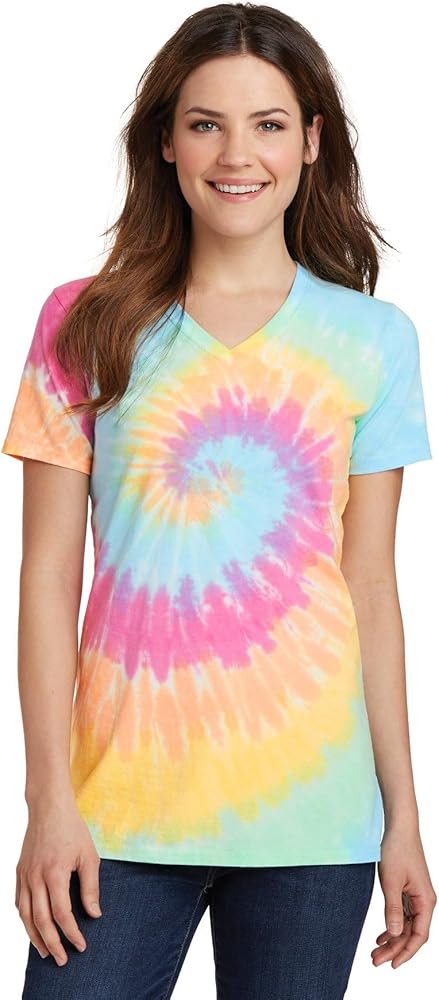 Port & Co Women's Tie-Dye V-Neck Tee-LPC147V-XS-Neon Rainbow at