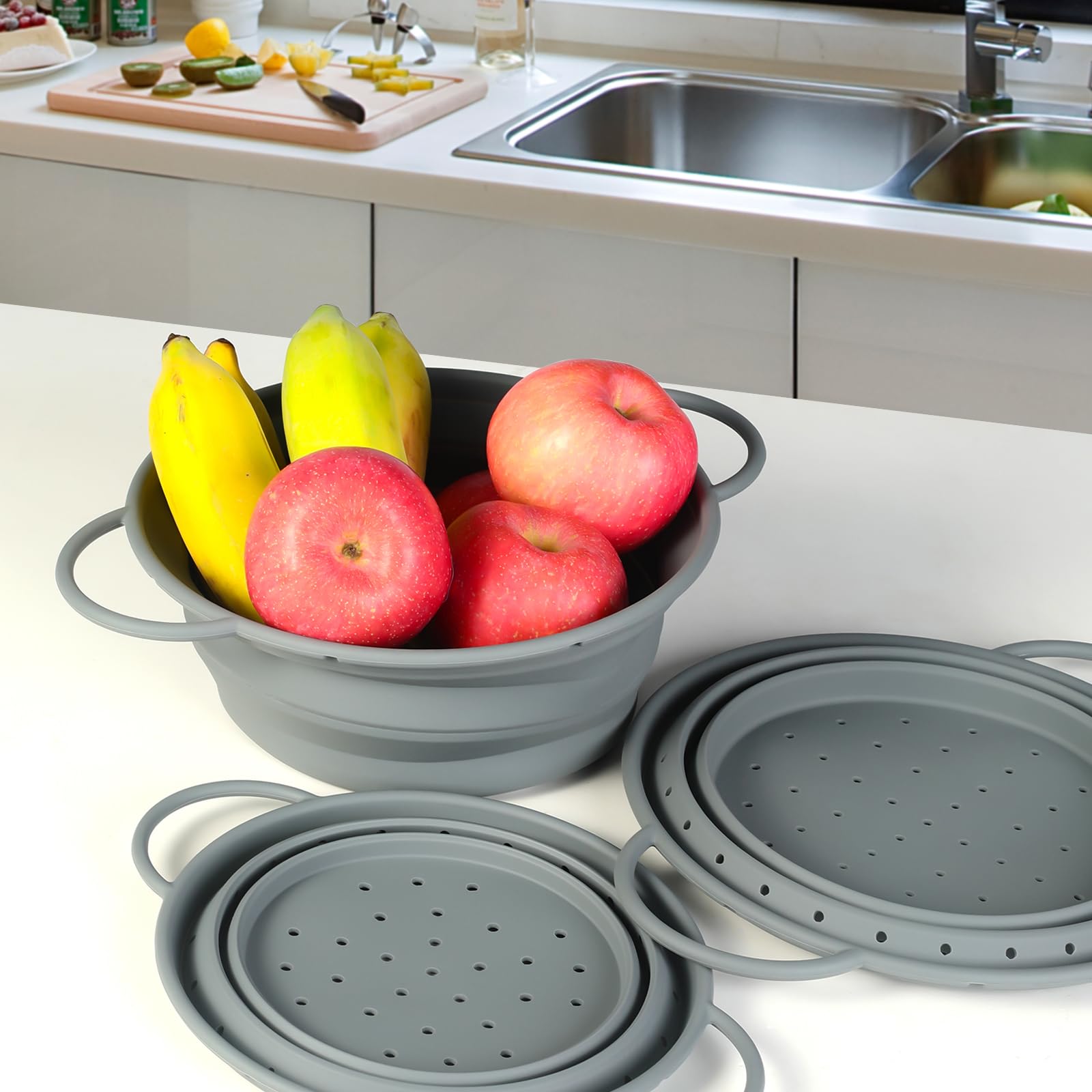 Juego de colador plegable de silicona, colador de alimentos de 8 pulgadas y cuenco de mezcla de 9 pulgadas, cuenco multifunción para cocinar y lavar – Fácil de limpiar, sin BPA, juego de utensilios de