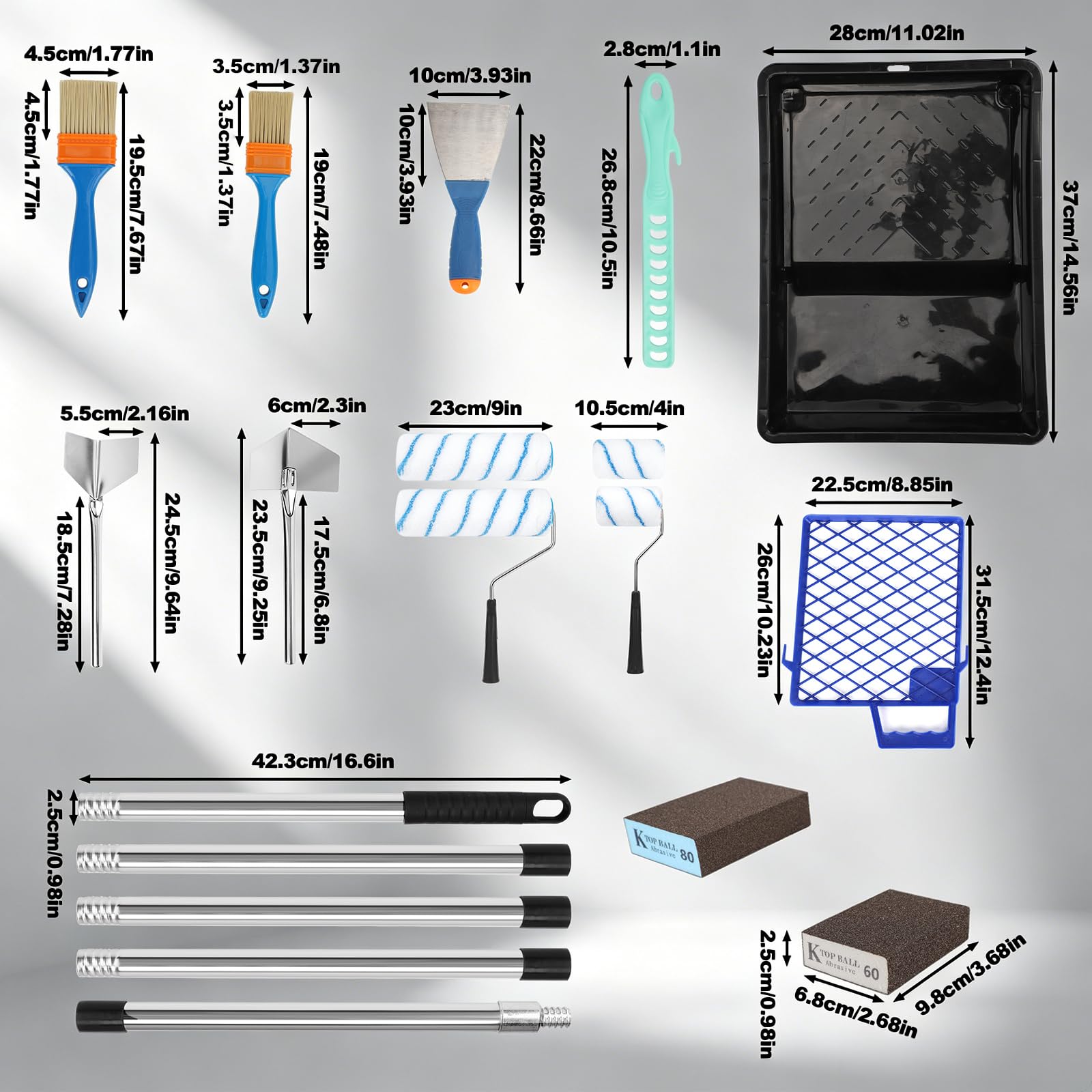 Qivine Farbroller Set mit Edelstahl Verlängerungsstange, Professional Malerset mit Farbwanne & Farbroller Klein, Malerset Streichen Wandfarbe zum Streichen von Wänden, Decken, Türen (Set A)