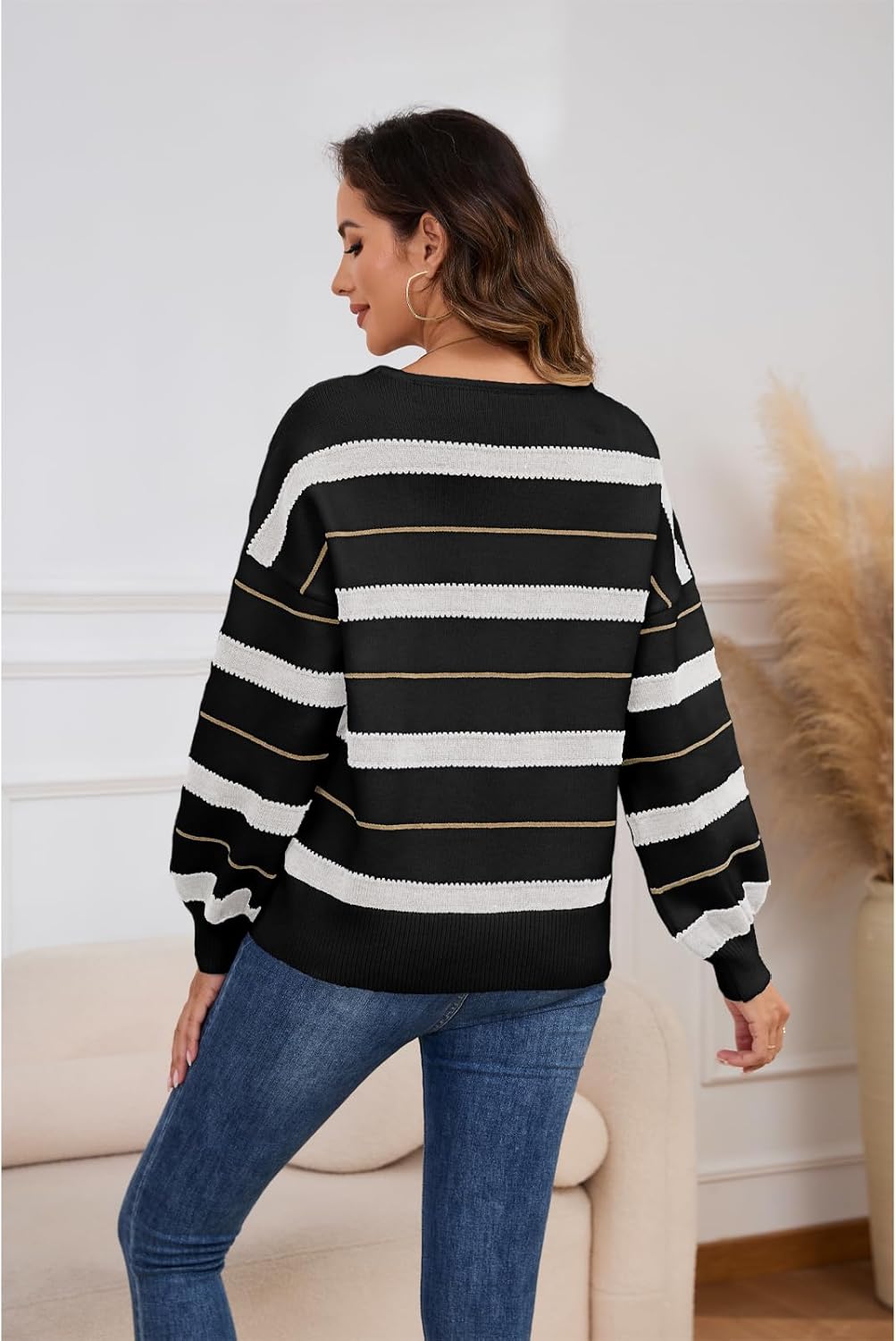 ANCAPELION Women's Color Block Sweaters Long Sleeve Crewneck Pullover Cozy Knitted Striped Jumper Tops - Image 3