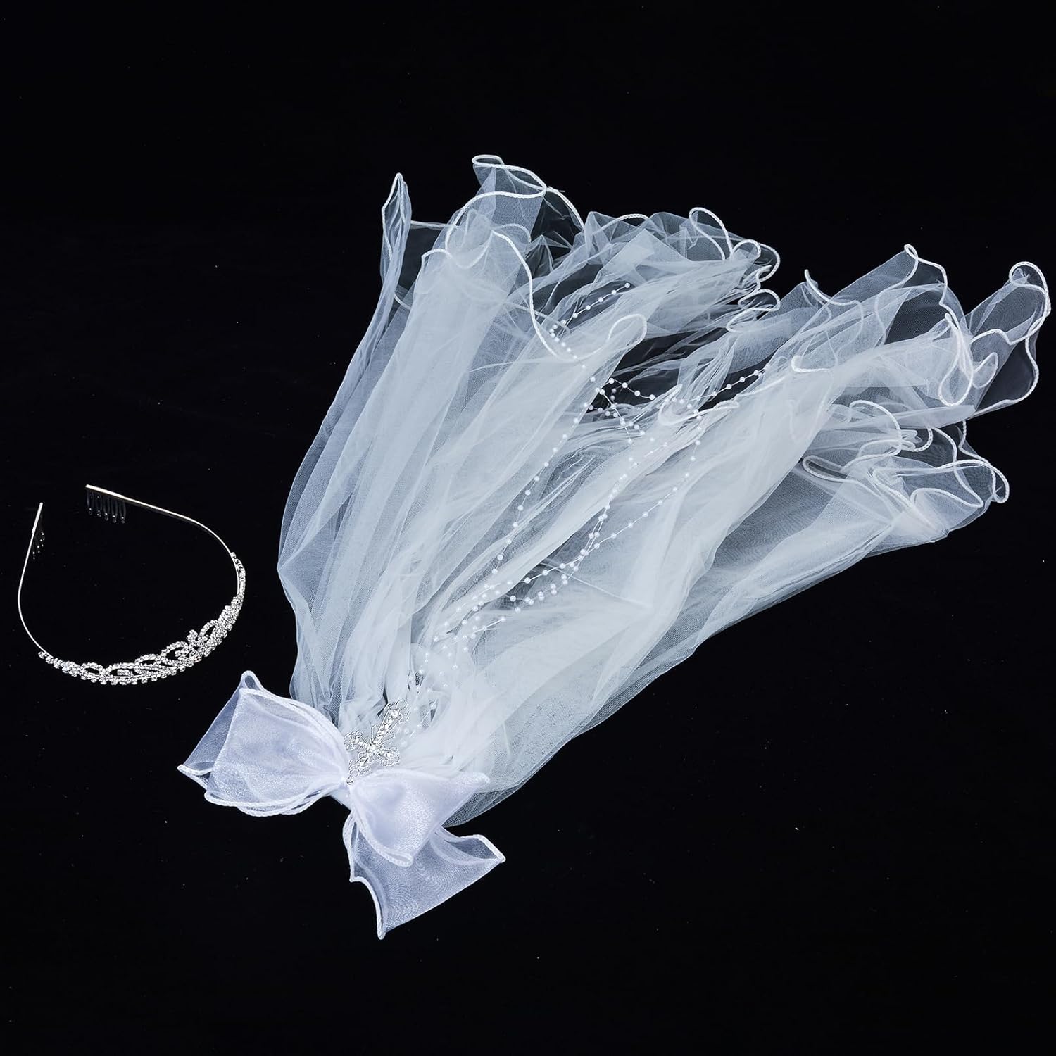 Merroyal First Communion Veil and Tiara Set, 24 inch White Veil with Rhinestone Cross Crown, Religious Ceremony Accessories