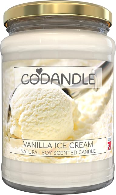 Codandle Candle | Vanilla Ice Cream | Large Jar Vegan Natural Soy Scented Candle, 100+ Hours Burn Time & Made in UK