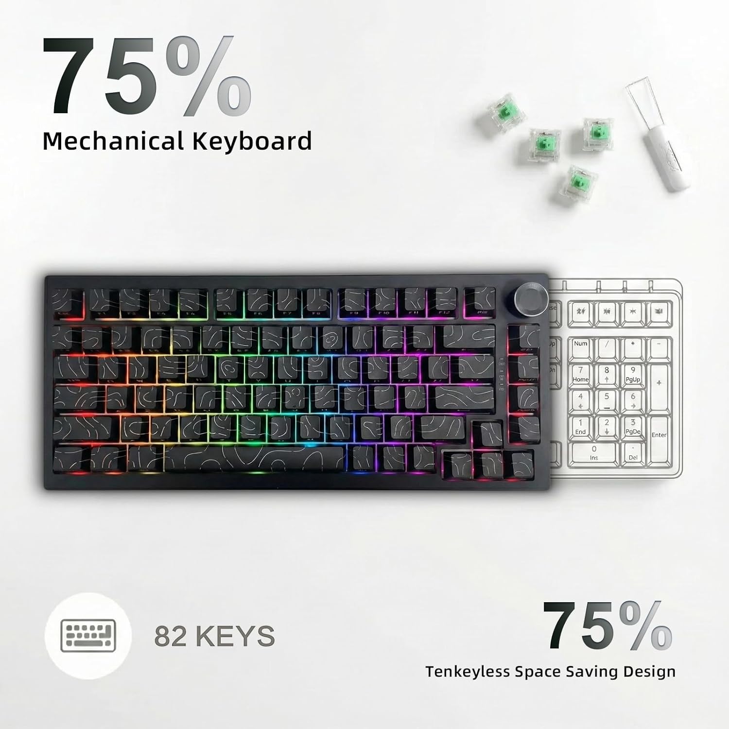 DstoPar K81 Gaming Keyboard,75% Hot Swappable Mechanical Keyboard with knob,RGB Backlit,Side Printed PBT Keycaps,Gasket Structure,8000mAh K81 Wired Keyboard （Camouflage Black）
