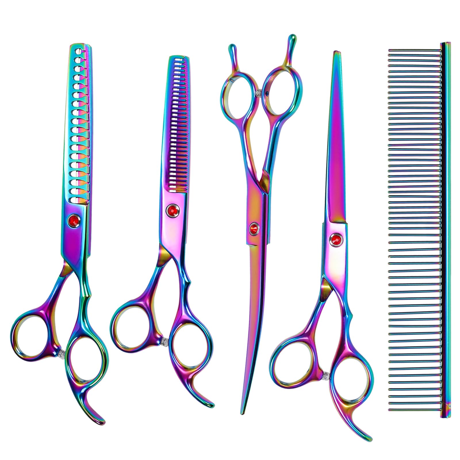 Pet Grooming Scissors - Chunkers Shears for Dogs, Curved Scissors, Thinning Shears with Grooming Comb (Rainbow)