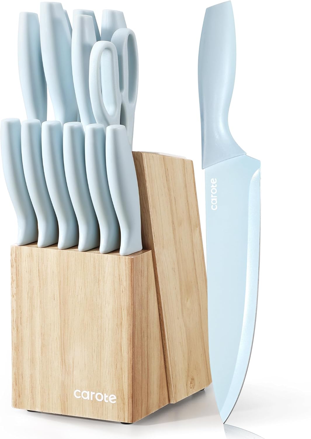 CAROTE 15Piece Knife Set, Kitchen Knife Block Set, Elegant Ceramic-Coated Blades with Stylish Wooden Block for Modern Culinary Excellence, Blue
