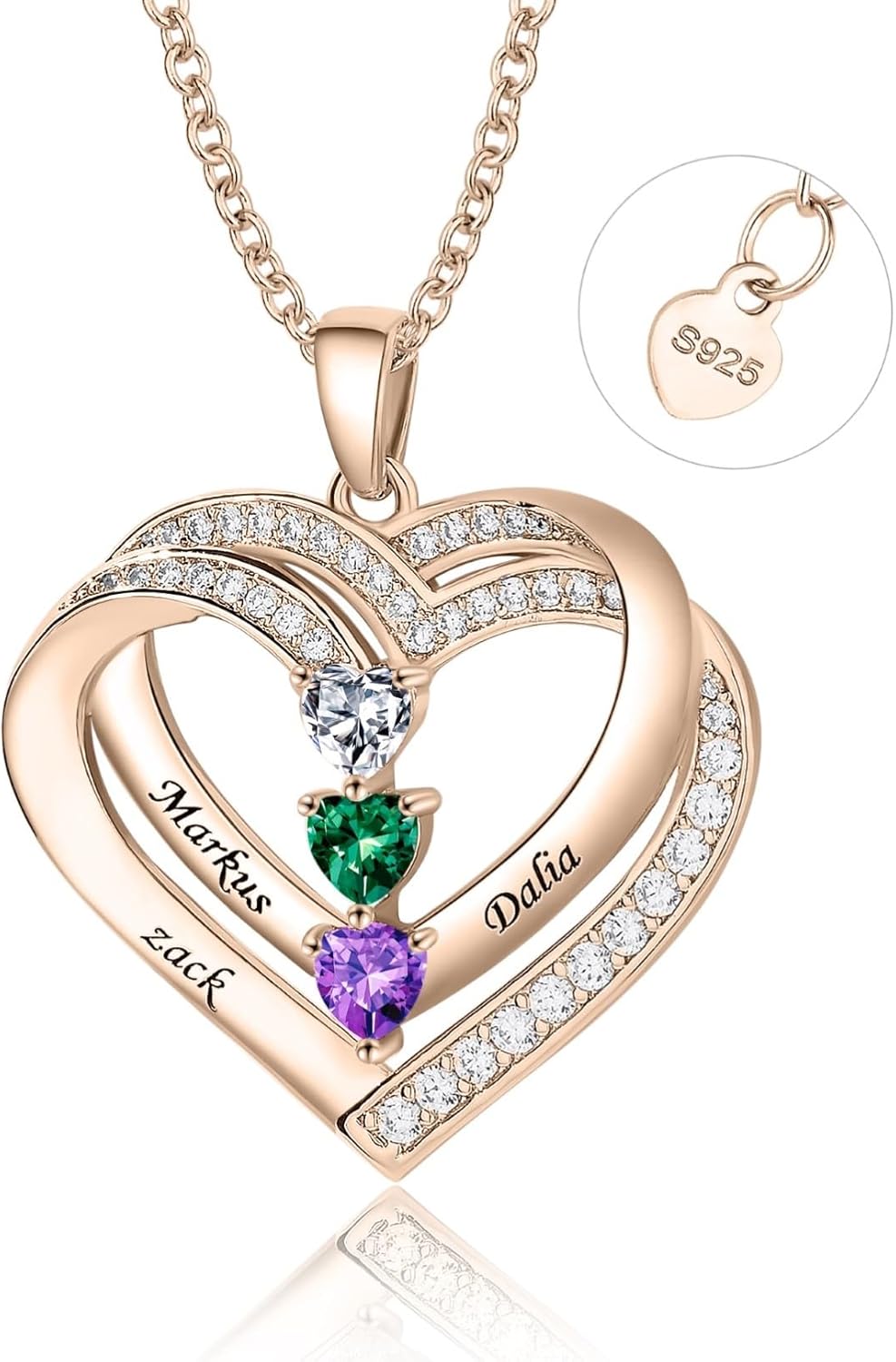 S925 Sterling Silver Personalized Family Birthstone Heart Necklace Custom Name Birthstone Necklace for Christmas Birthday Mother’s Day Gifts for Women