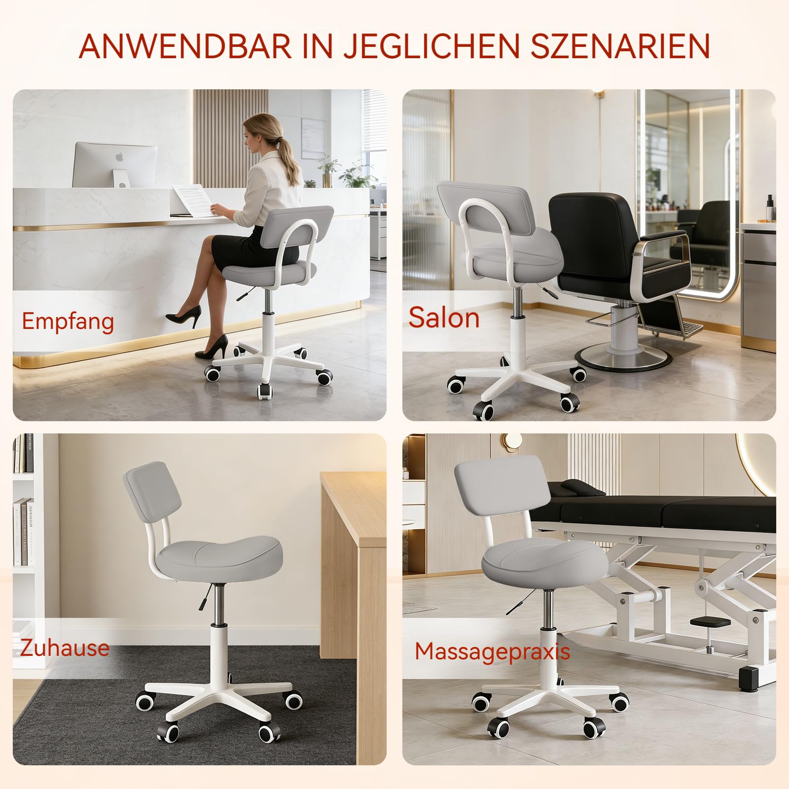Sattelhocker mit Rückenlehne, gepolsterter Sitz, ergonomischer Schreibtischstuhl, Rollhocker mit Rollen für Friseur, Zahnarzt, Spa, Massage, Büro & Zuhause