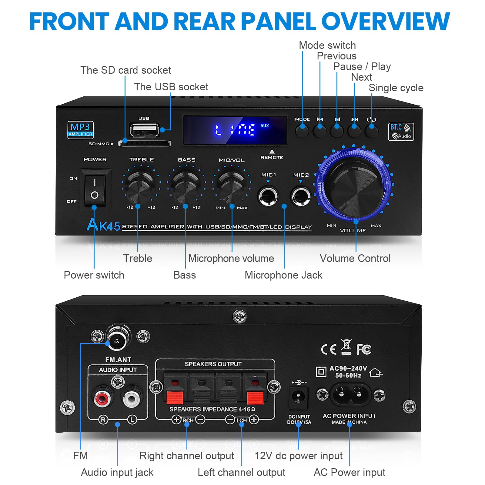 AK45 Bluetooth 5.0 Power Amplifier 2.0CH 40W x 2 Output Max 400W Subwoofer Hi-Fi Audio Amplifier Stereo Amp Receiver for Home Theater and Car Speaker W/Mic USB FM Radio — Amazon image 7