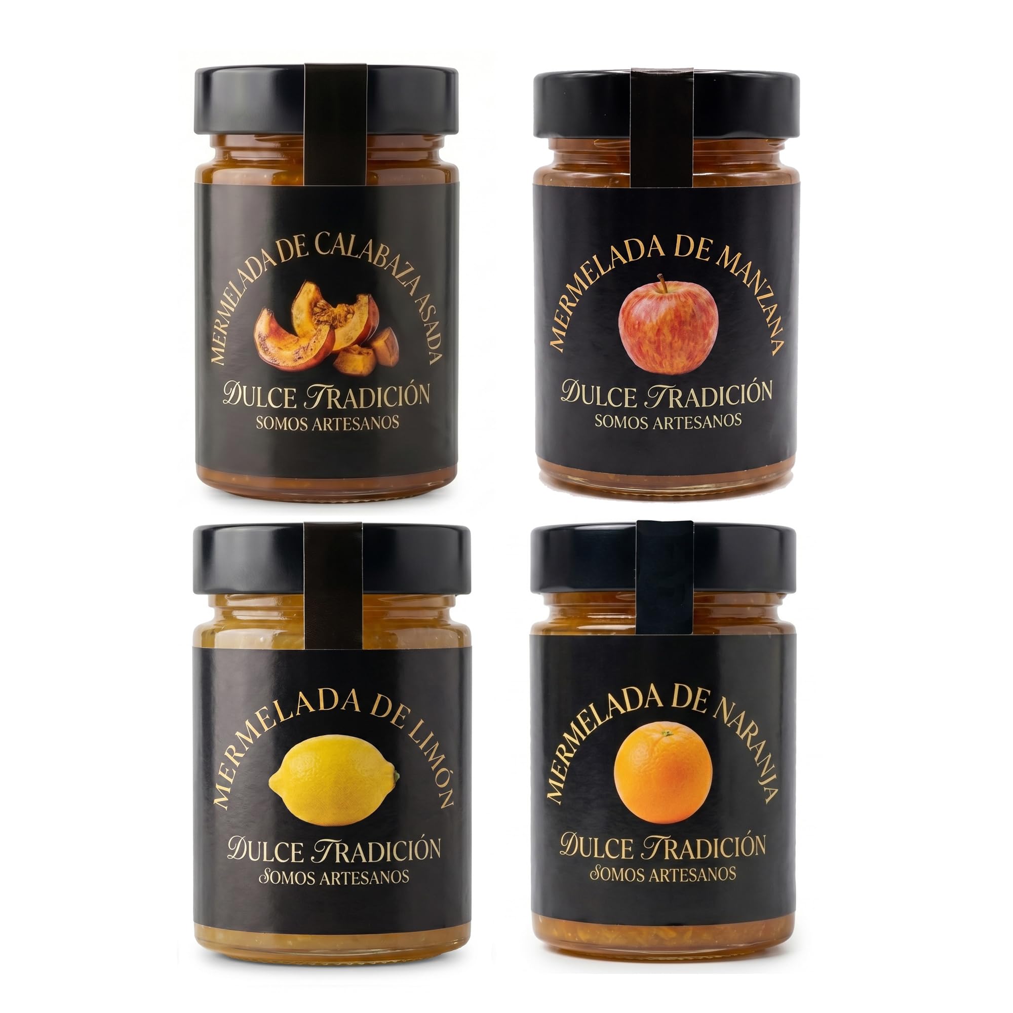 Confiture Dulce Tradición. Fabrication artisanale. Lot de 4 pots de 390 gr, potiron rôti, citron, orange et pomme. 63% de fruits frais de saison. Sans conservateurs ni colorants.