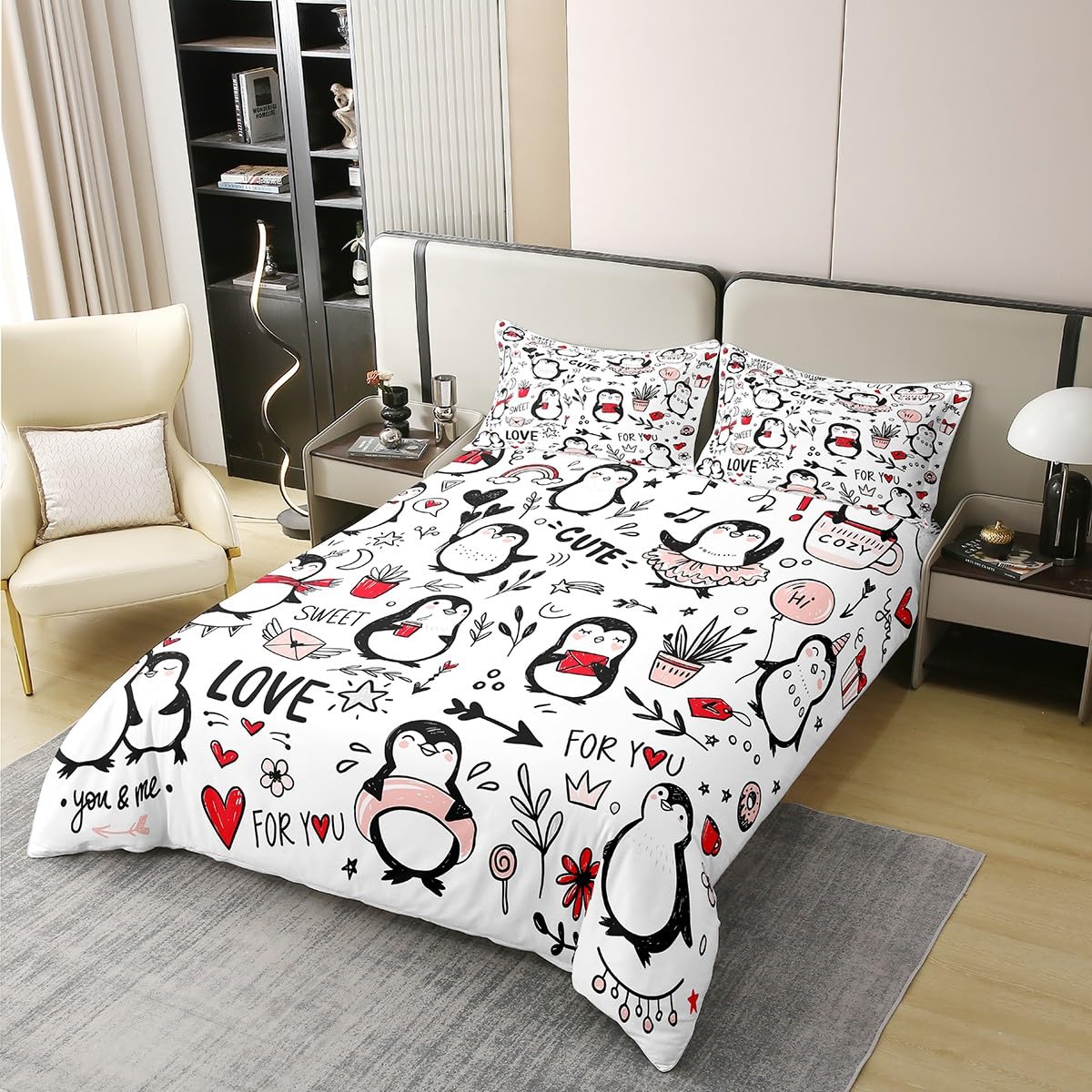 Nature Cotton Cartoon Penguin Duvet Cover Full,Kawaii Wild Animals Hand Draw Graffiti Comforter Cover (Not Comforter),Valentine's Day Party Decor Gifts All Season Super Soft Bedding