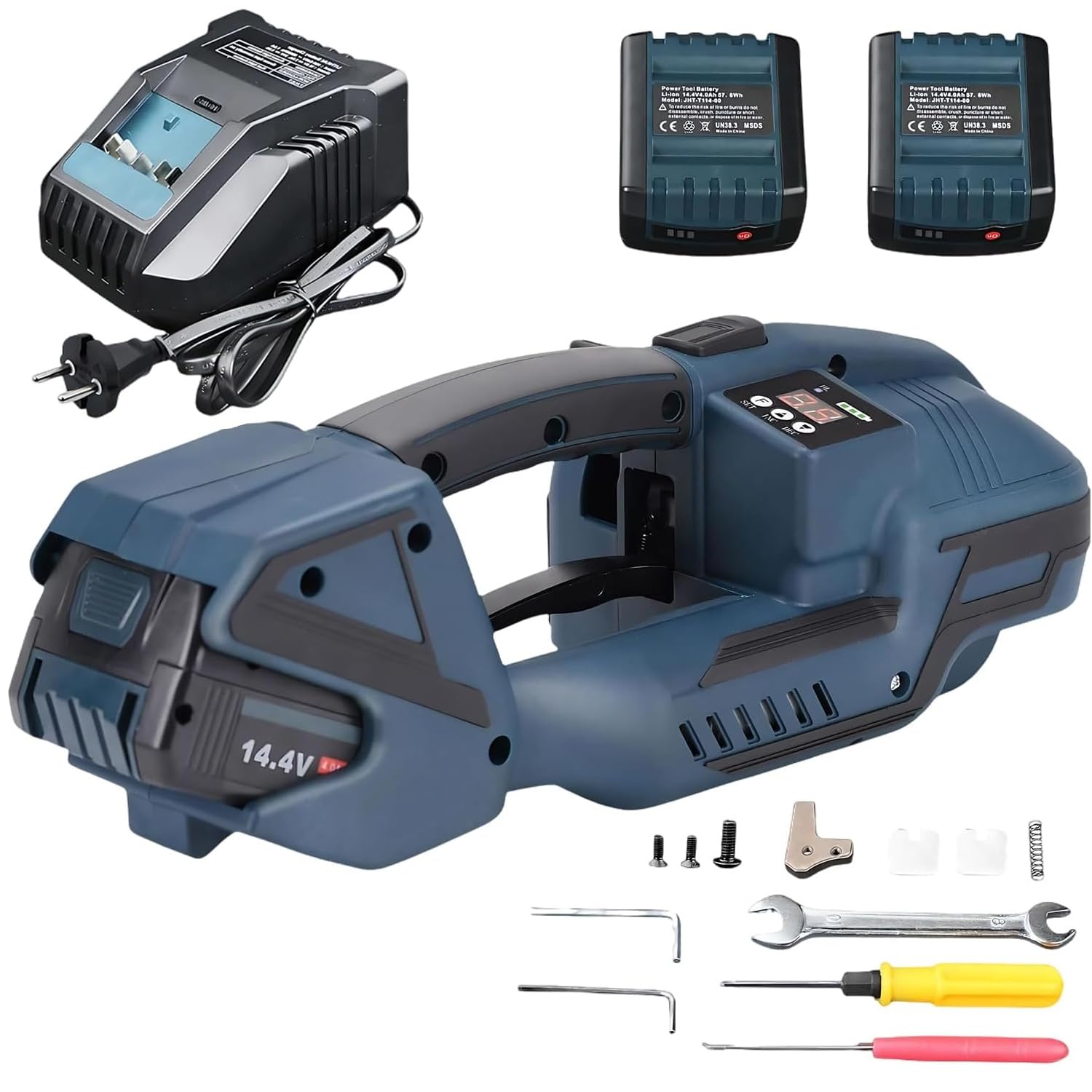 Flejadora eléctrica con pantalla LCD, 2 baterías de 4000 mAh, flejado automático, herramienta de flejado eléctrico portátil para cintas de polipropileno PET de 13-16 mm, fuerza de tracción 900-3200N