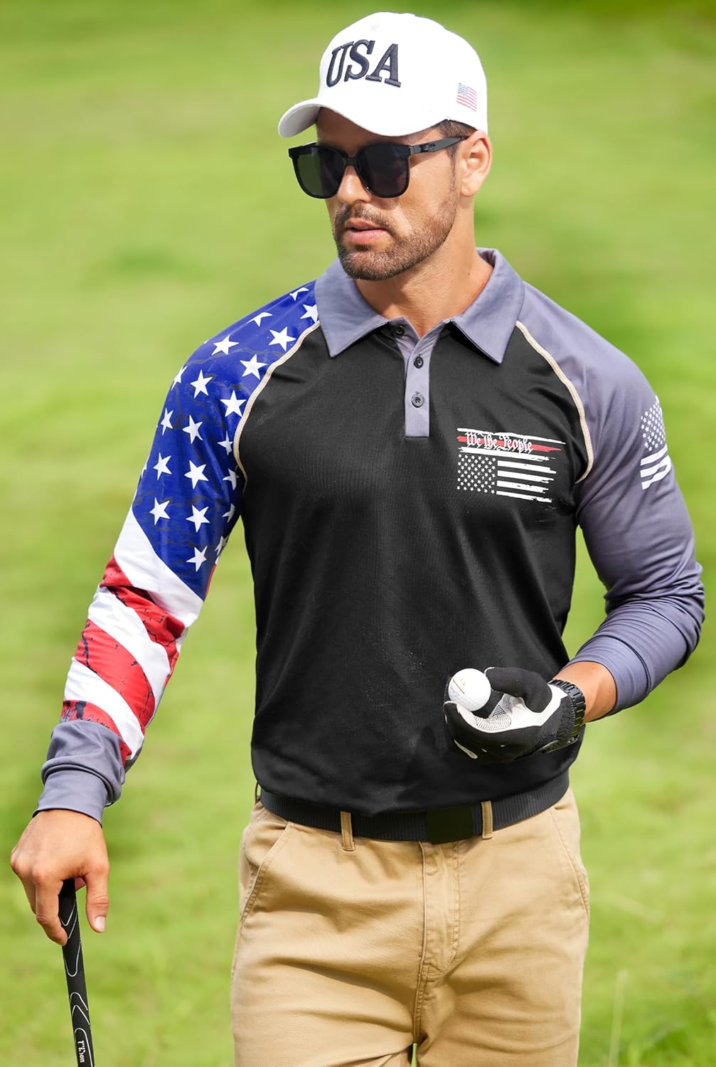Man Novelty USA Flag Button Golf Polo Stripes and Stars Veteran Shirt Casual 4th of July Long Sleeve Fleece Polo T-Shirt L - Image 3