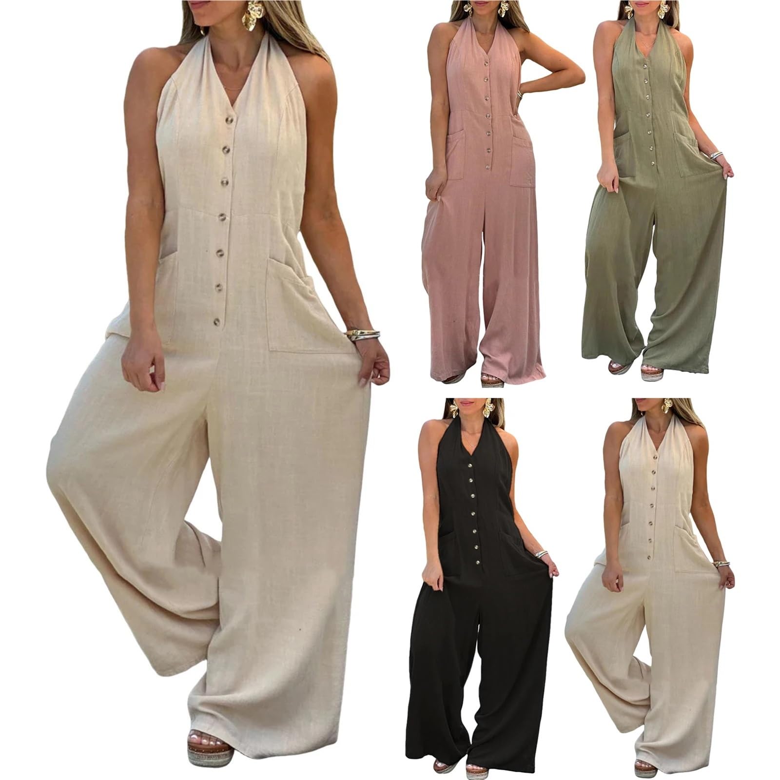 Jumpsuit Donna Tuta estiva ampia e casual da donna, senza maniche, con scollo a V, tinta unita, senza schienale, pantaloni a gamba larga e cropped