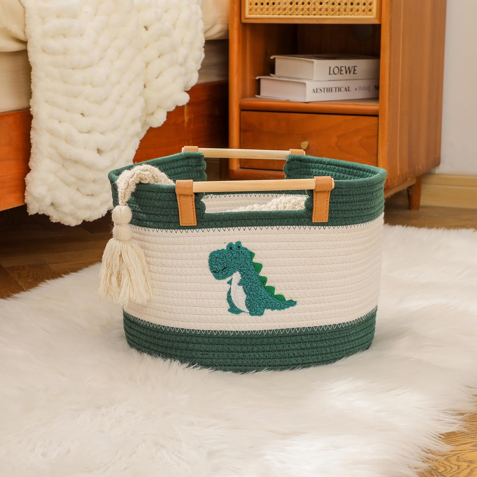 Grande Cesto Coperta 35L Cesto in Corda di Cotone con Manici in Legno Cesti Intrecciati per Giocattoli di Peluche dei Bambini, Contenitore per Pannolini, Panni Lavanderia, Panno per Neonati